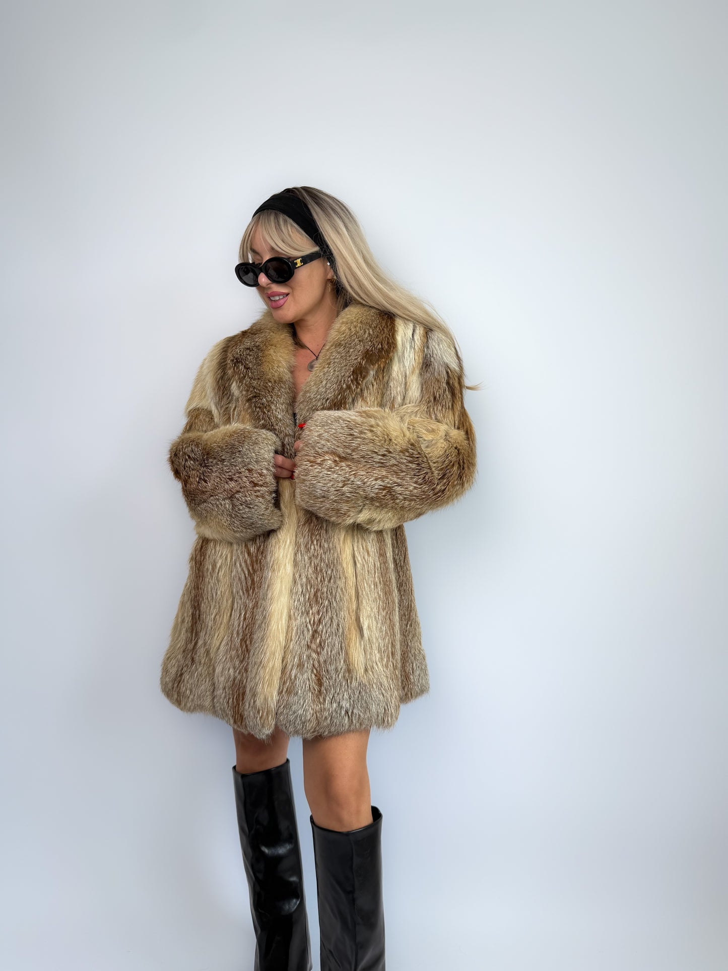Vintage Genuine Fox Fur Coat – Beige Brown Mid Length Winter Jacket M-L