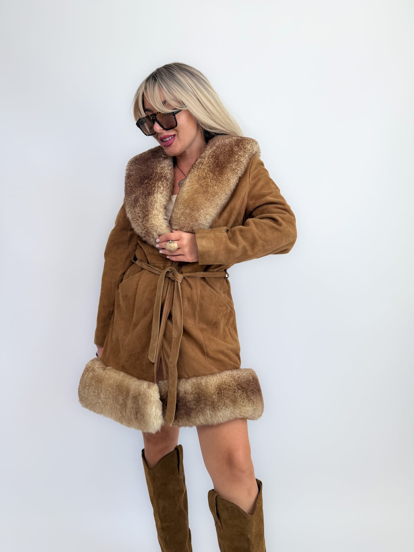 Vintage 70s Penny Lane Brown Leather Afghan Coat with Faux Fur Trim S-M