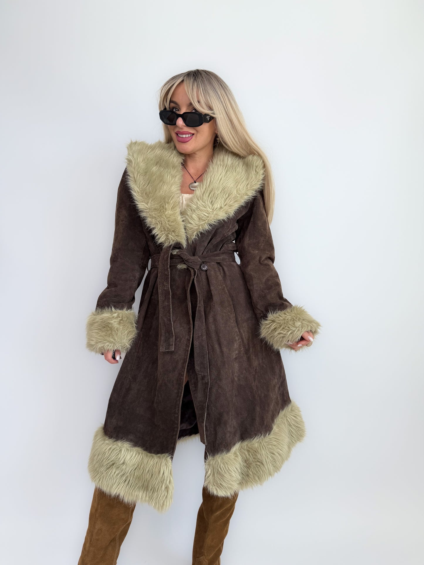 Vintage Brown Suede Afghan Coat: 70s Penny Lane Style Faux Fur Trim Size Medium