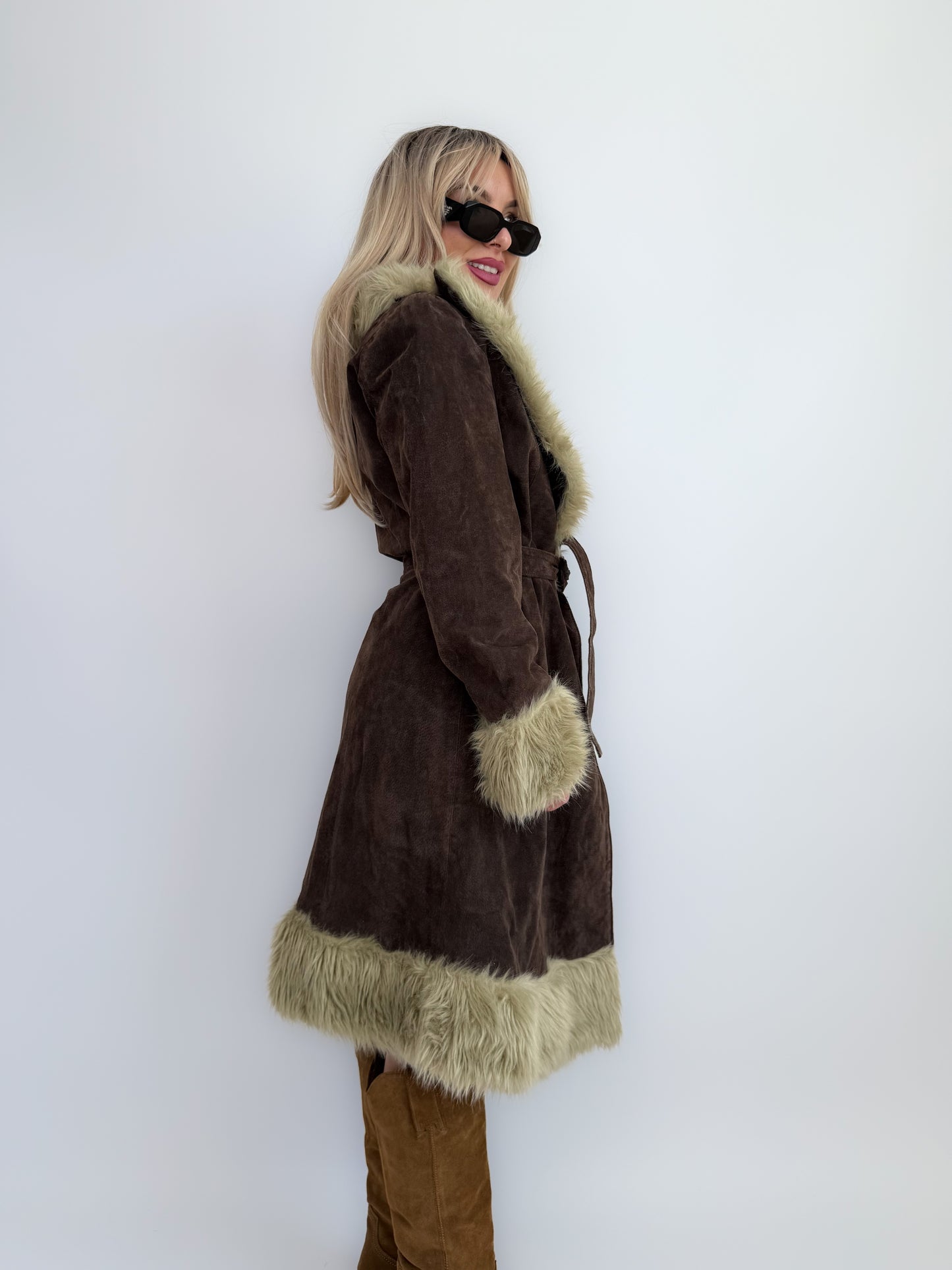 Vintage Brown Suede Afghan Coat: 70s Penny Lane Style Faux Fur Trim Size Medium