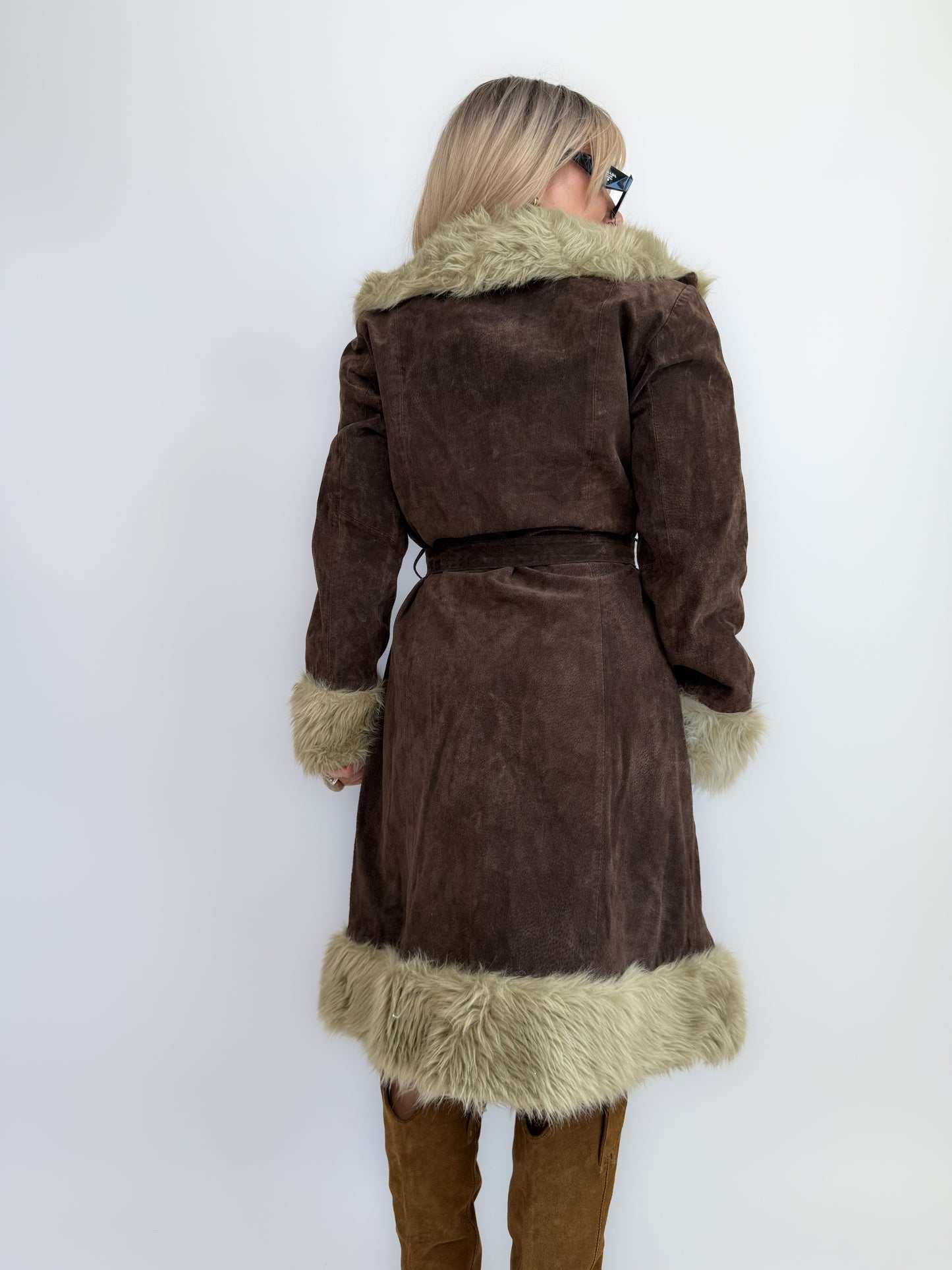 Vintage Brown Suede Afghan Coat: 70s Penny Lane Style Faux Fur Trim Size Medium