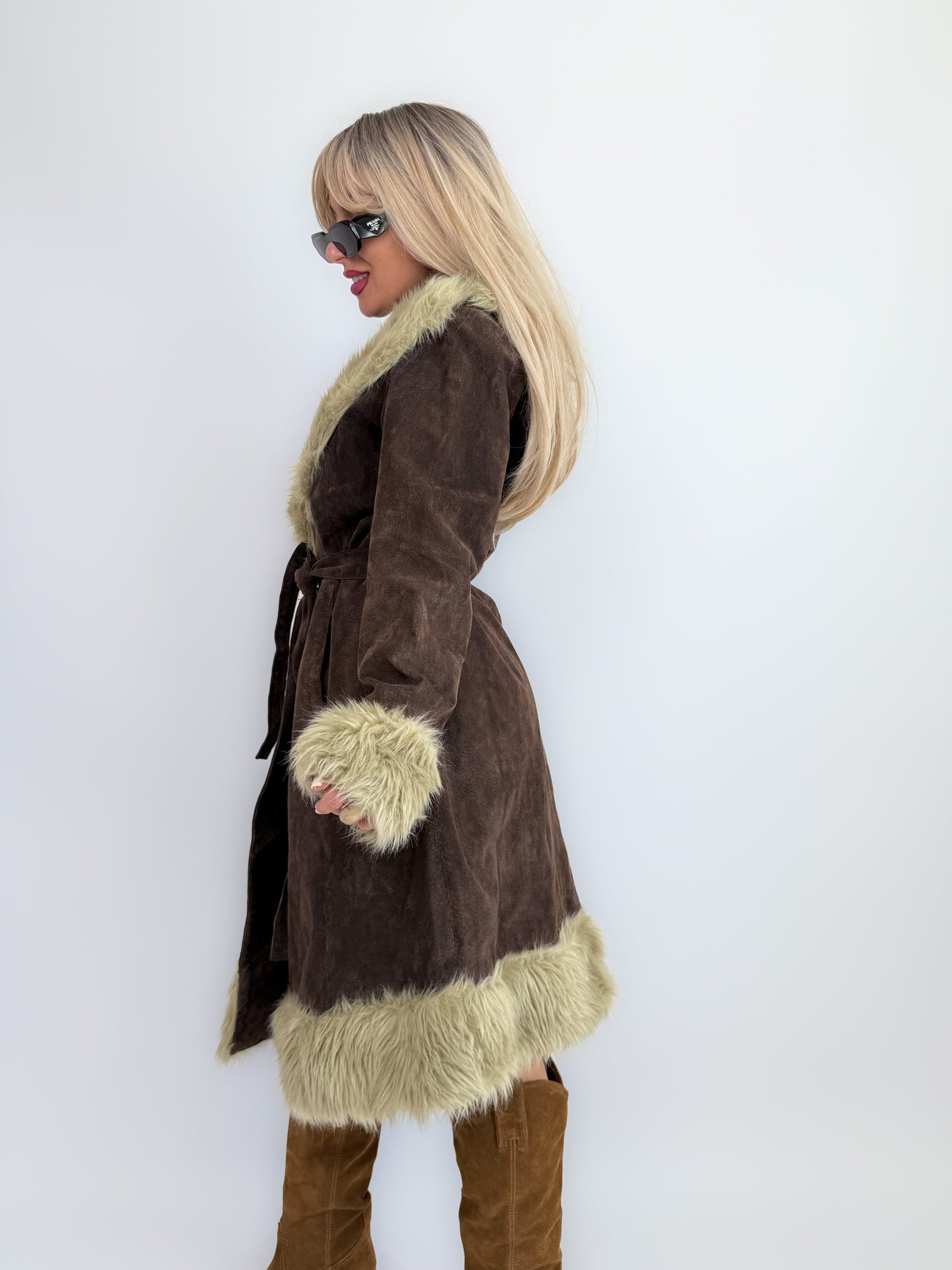 Vintage Brown Suede Afghan Coat: 70s Penny Lane Style Faux Fur Trim Size Medium