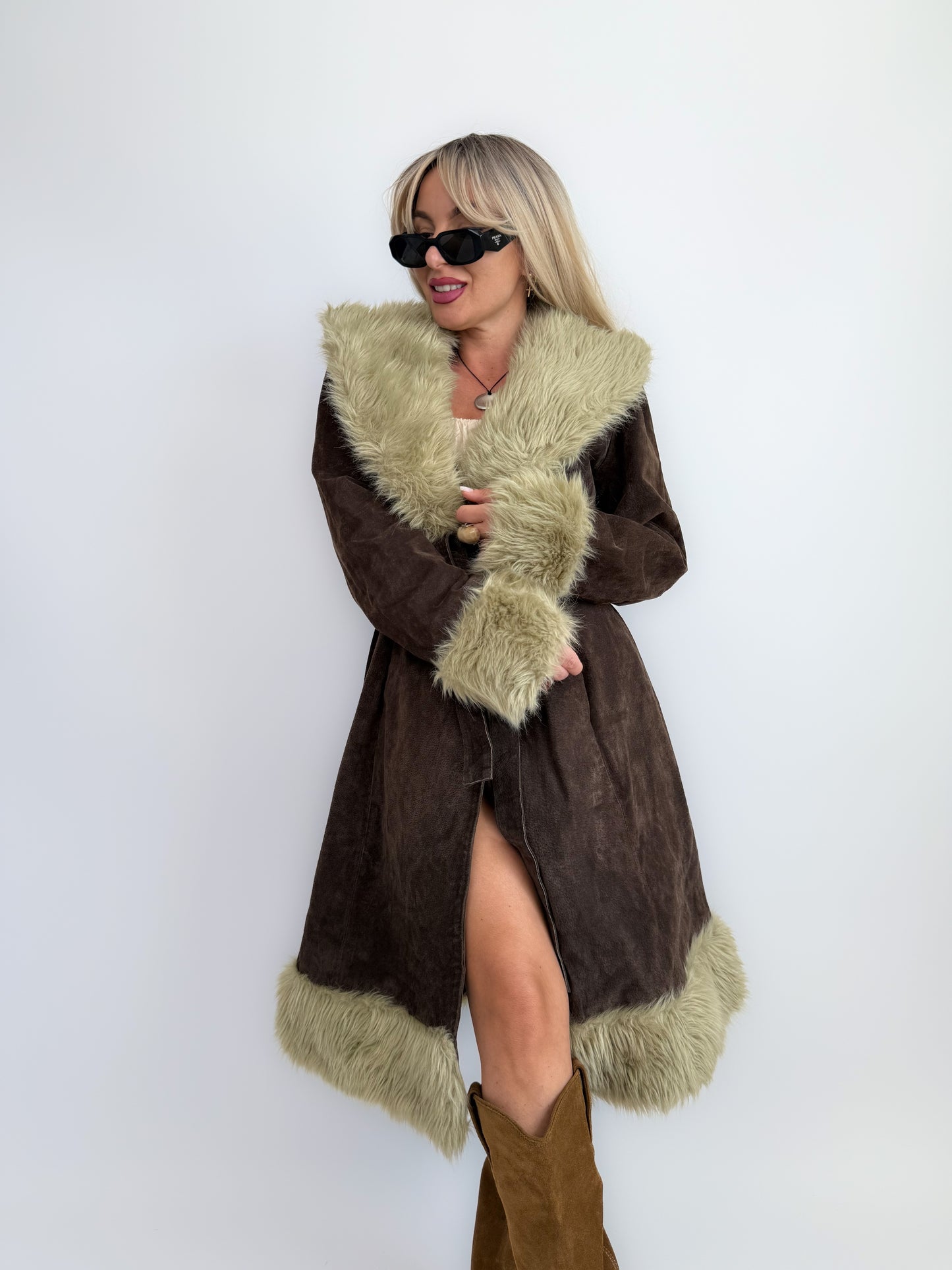 Vintage Brown Suede Afghan Coat: 70s Penny Lane Style Faux Fur Trim Size Medium