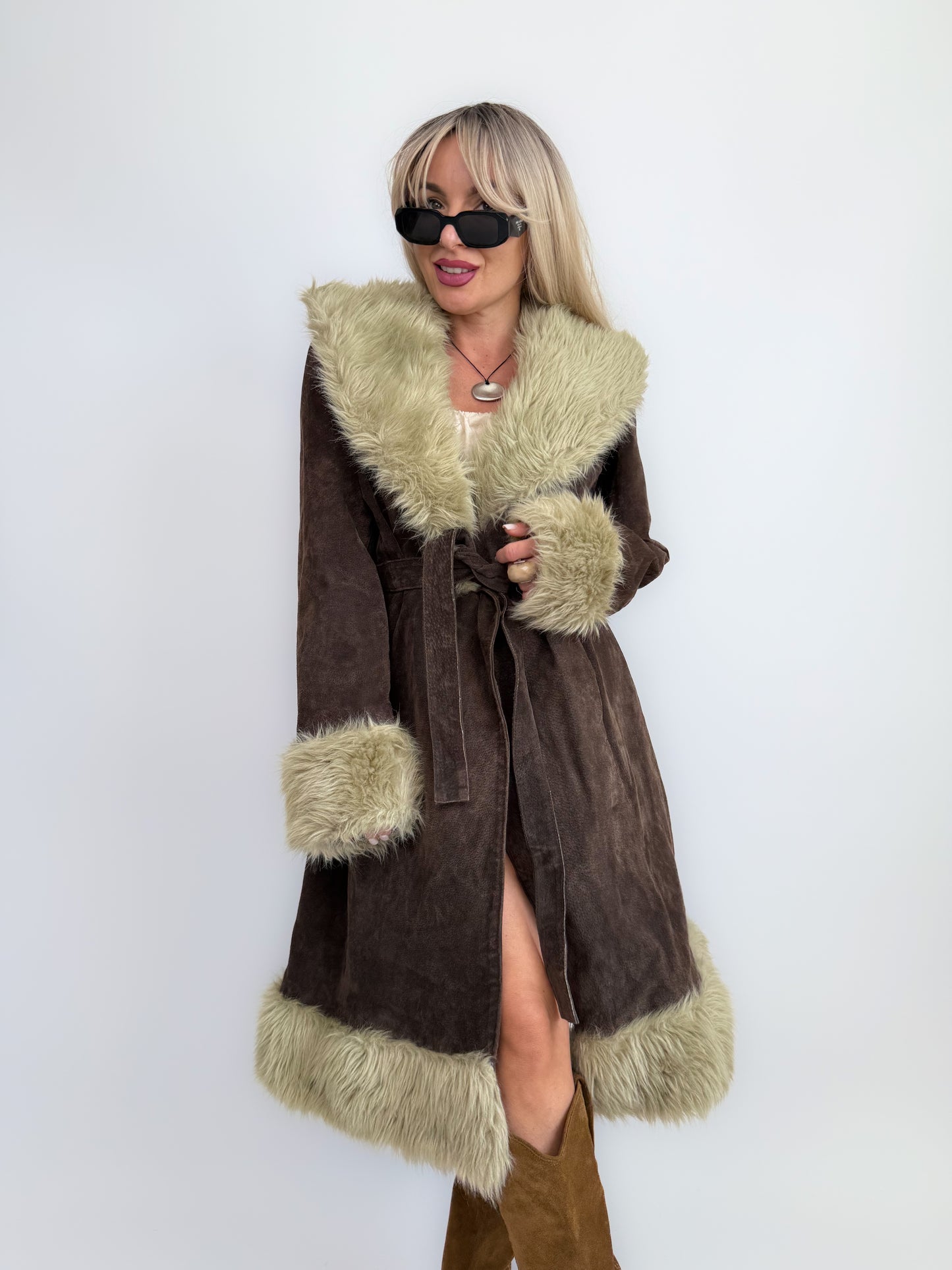 Vintage Brown Suede Afghan Coat: 70s Penny Lane Style Faux Fur Trim Size Medium