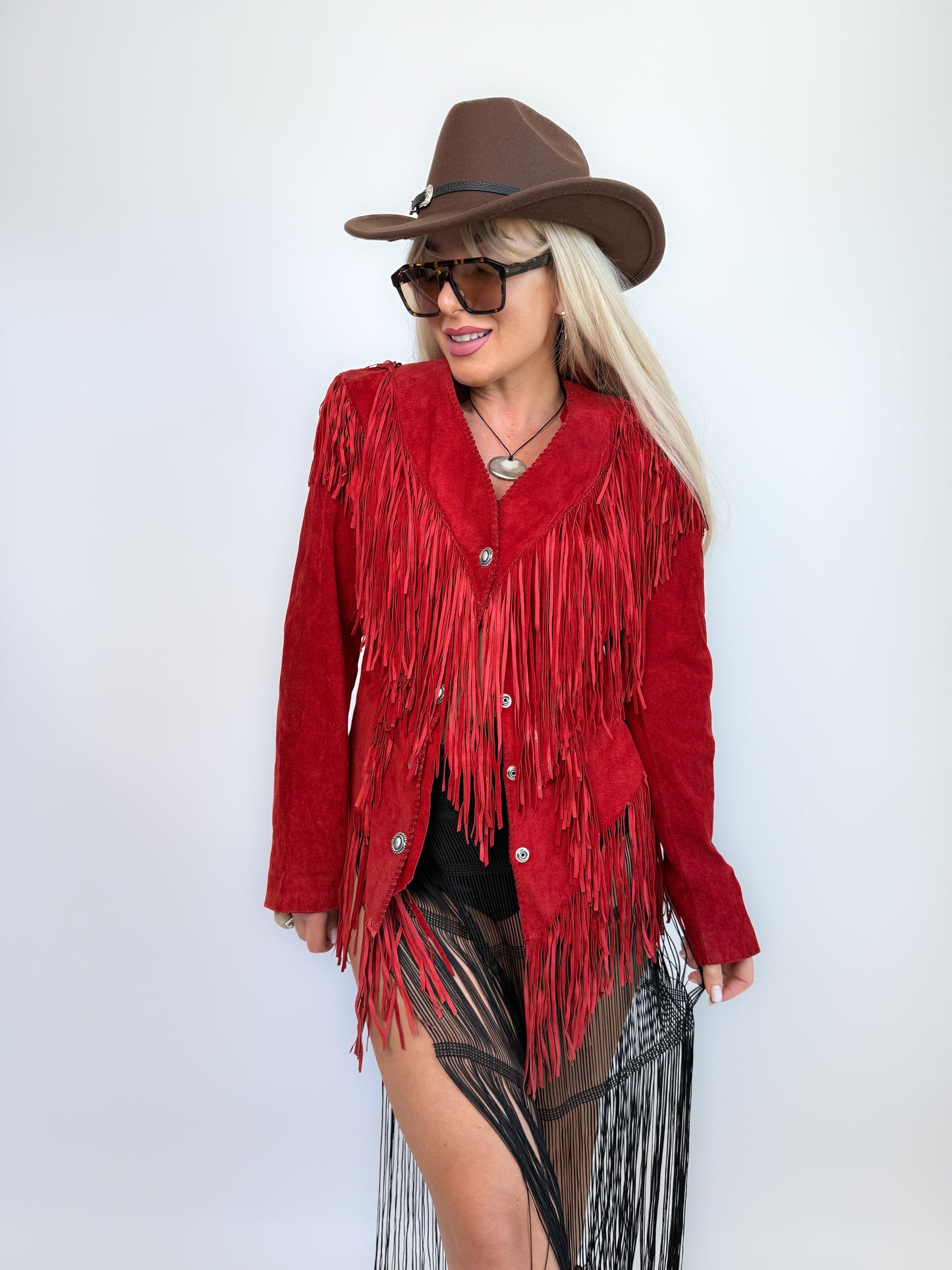 Vintage Red Suede Fringe Jacket- Western Cowgirl Boho Hippie Festival Coat XS-S