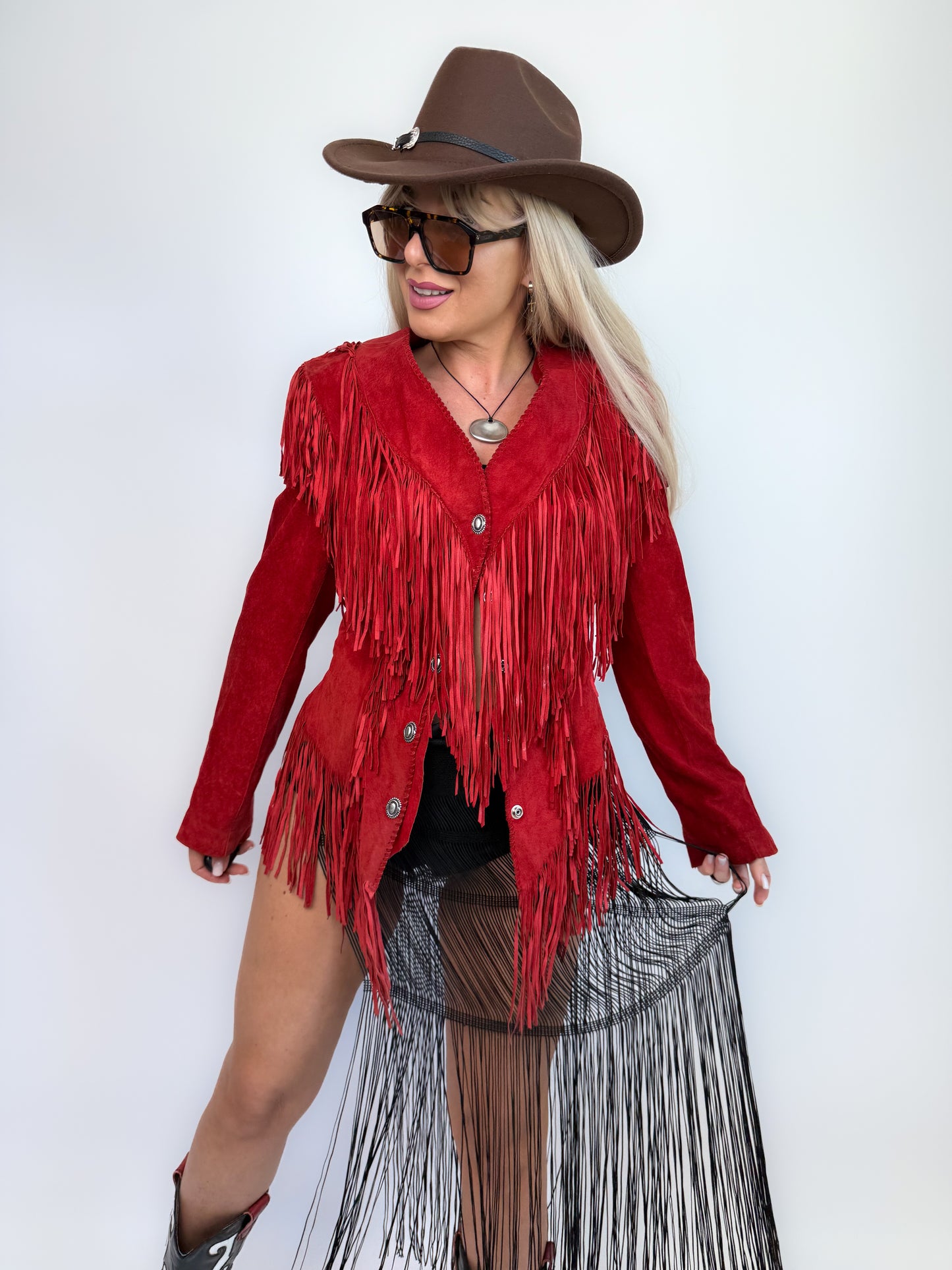Vintage Red Suede Fringe Jacket- Western Cowgirl Boho Hippie Festival Coat XS-S