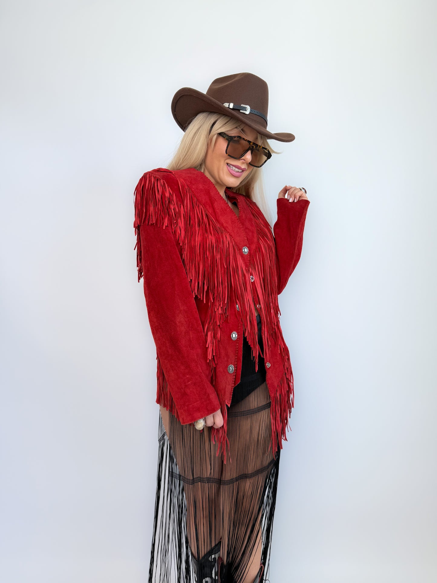 Vintage Red Suede Fringe Jacket- Western Cowgirl Boho Hippie Festival Coat XS-S