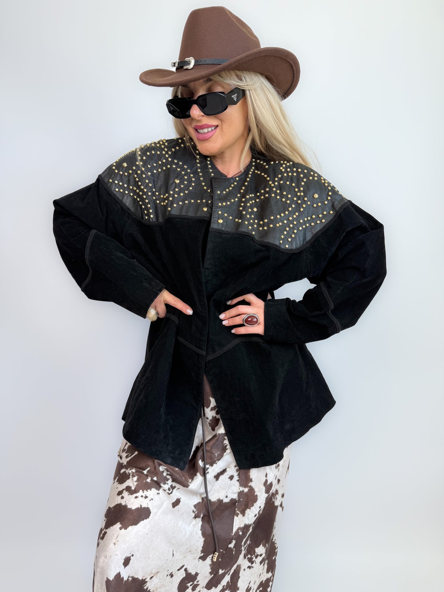 Vintage Black Suede Studded Jacket – 90s Avant Garde Statement Coat with Gold Studs S-M