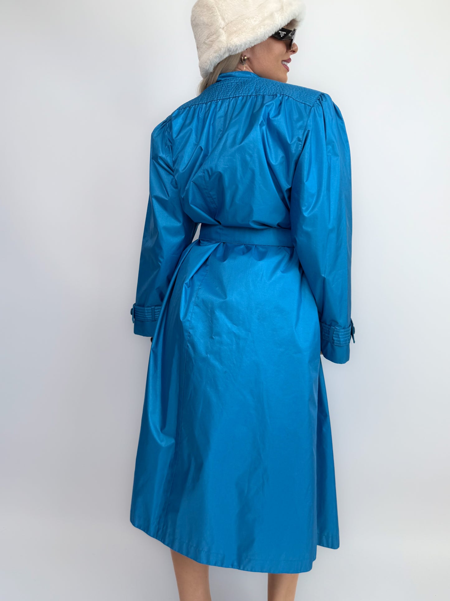 Vintage Lazure Blue Waterproof Trench Coat with Waist Tie – Size Large
