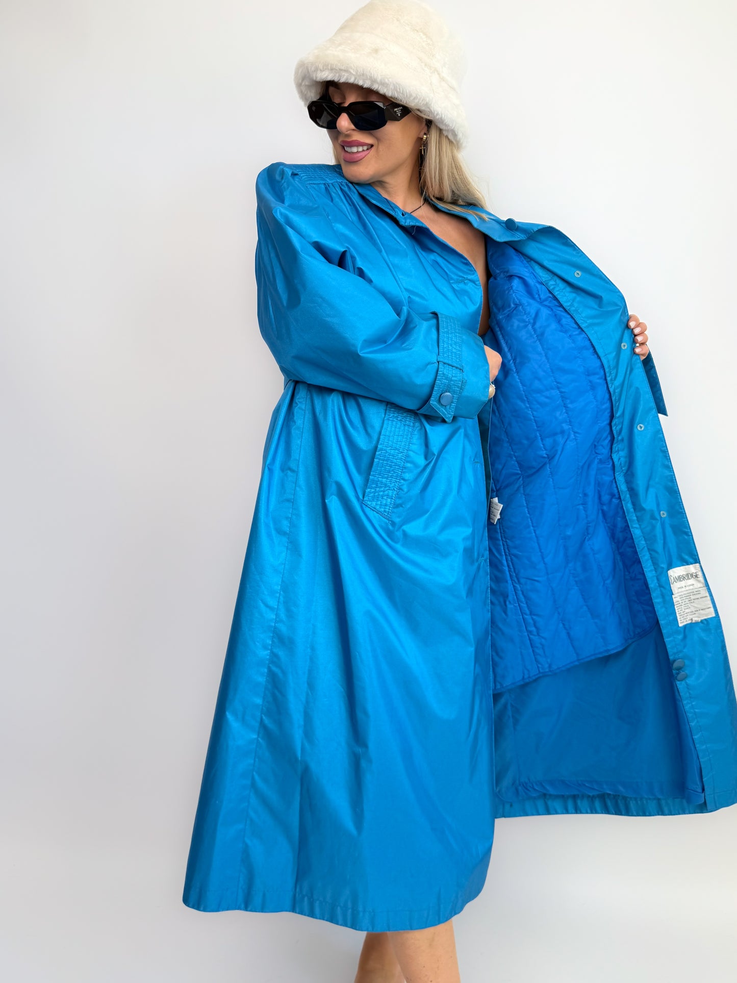 Vintage Lazure Blue Waterproof Trench Coat with Waist Tie – Size Large