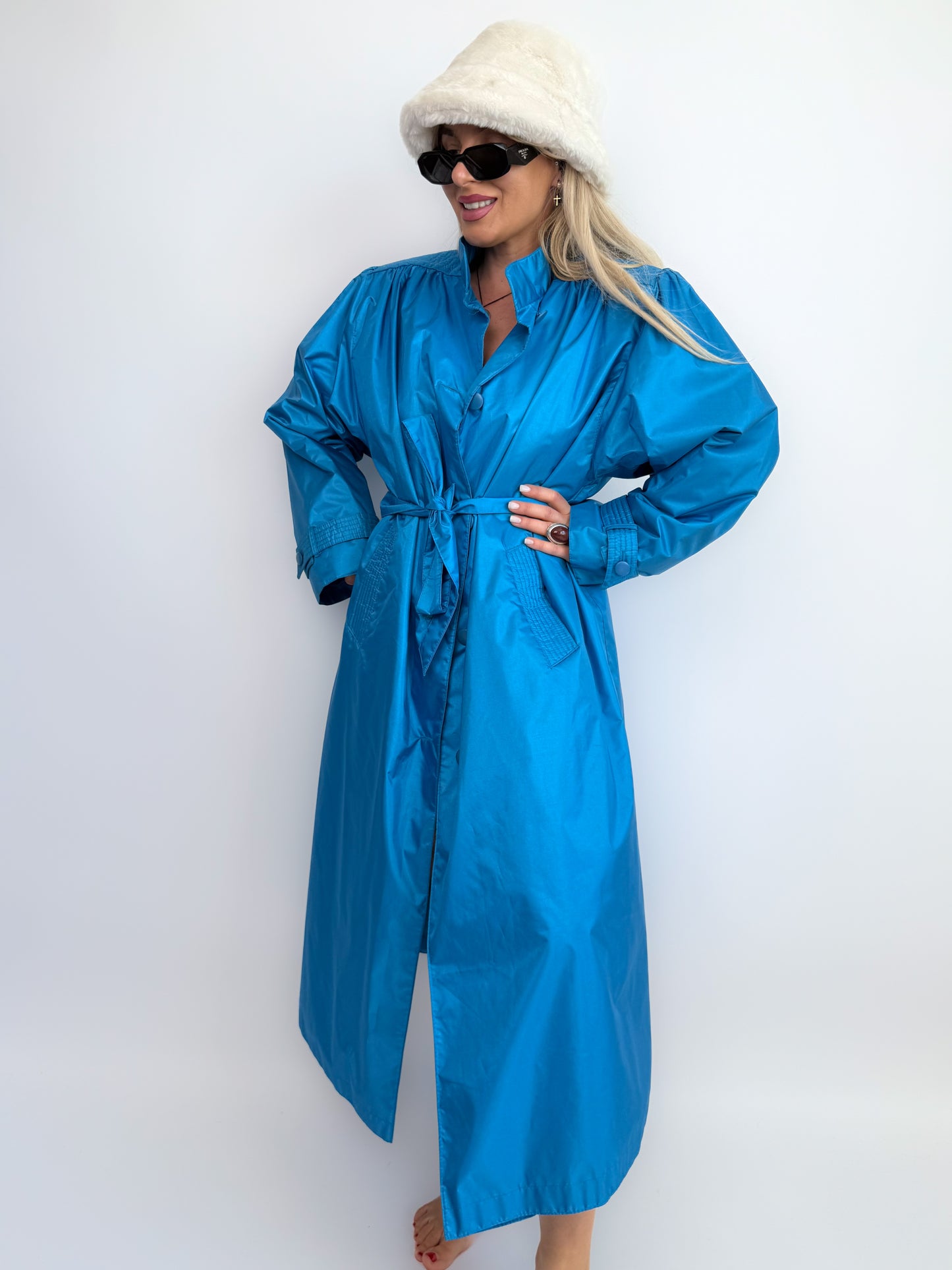 Vintage Lazure Blue Waterproof Trench Coat with Waist Tie – Size Large