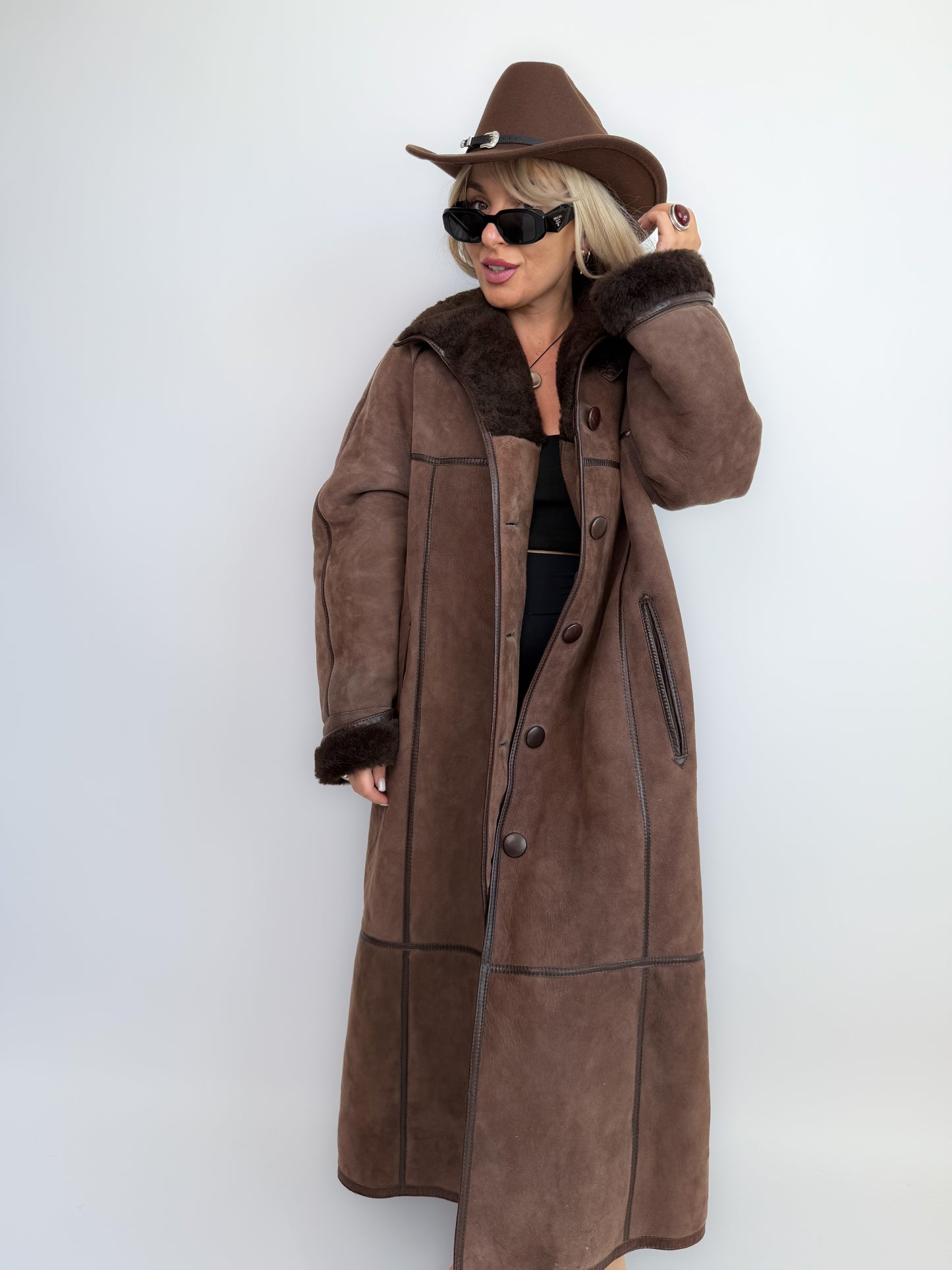 Vintage Shearling Sheepskin Coat – Brown Full Length Shearling Sheepskin Jacket M-L