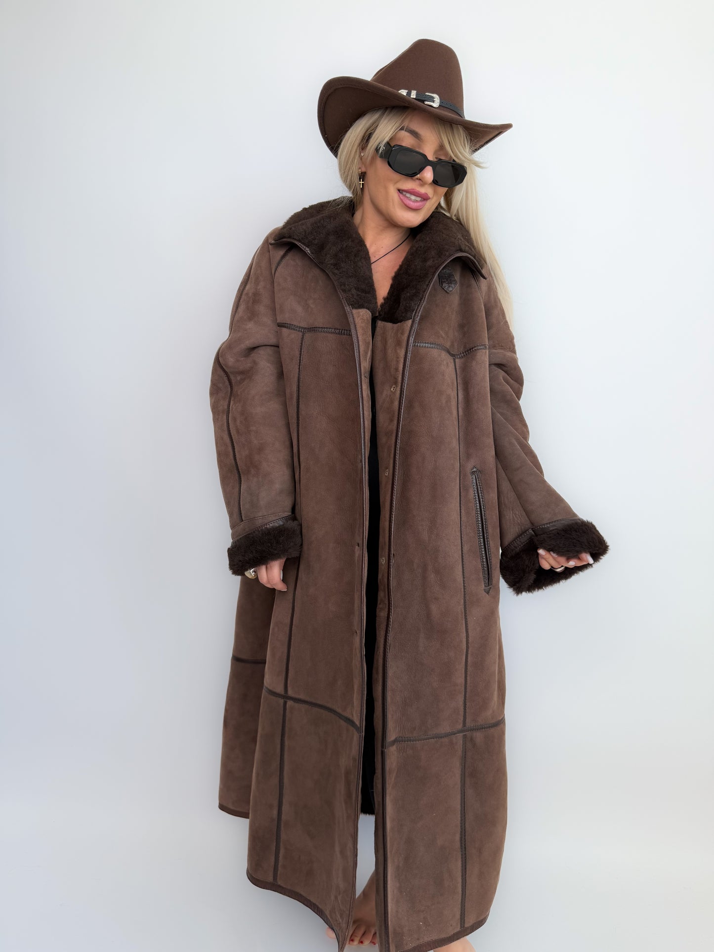 Vintage Shearling Sheepskin Coat – Brown Full Length Shearling Sheepskin Jacket M-L