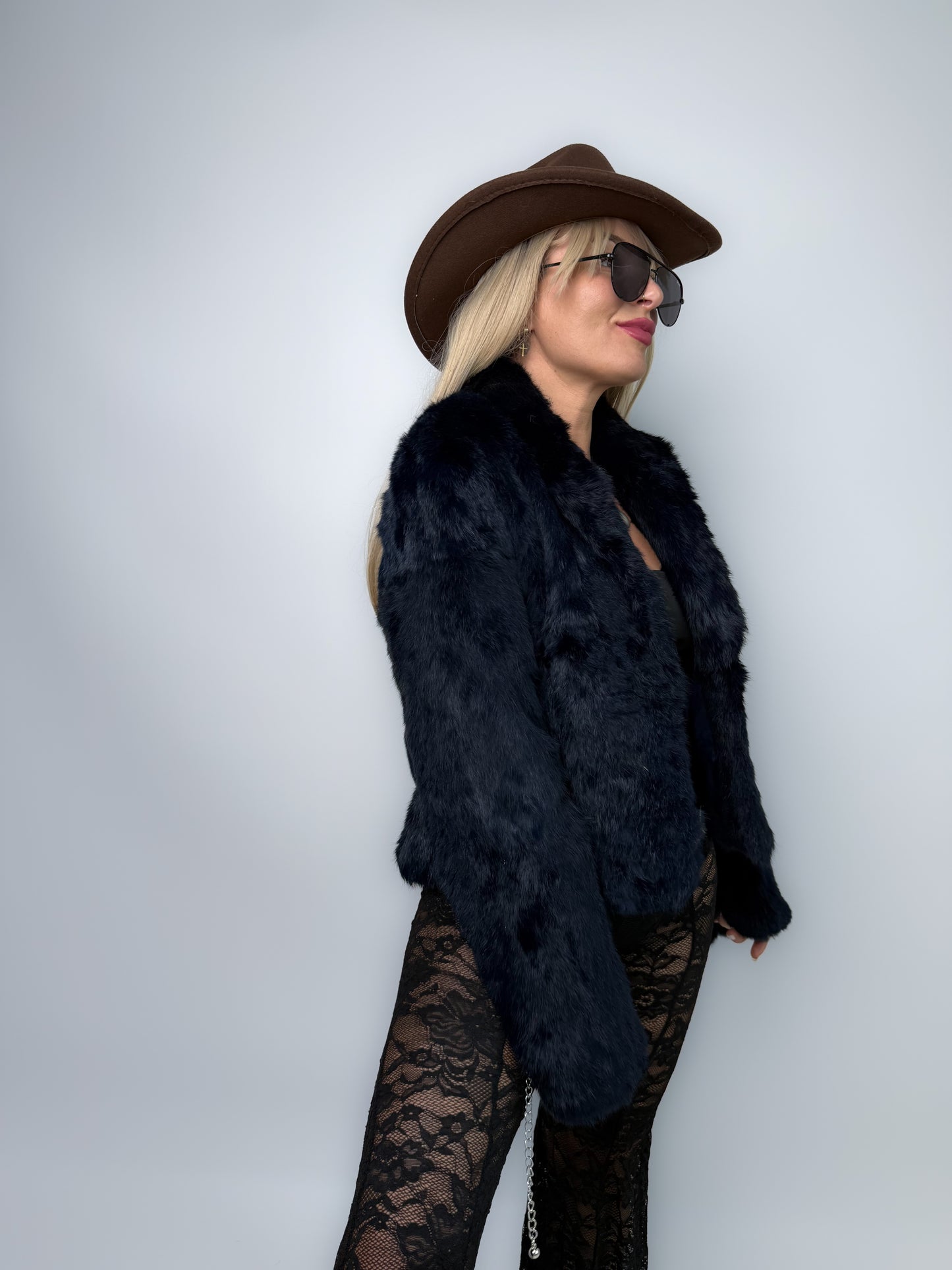 Vintage Y2K Navy Blue Rabbit Fur Jacket – Real Fur Cropped Winter Coat Size S-M