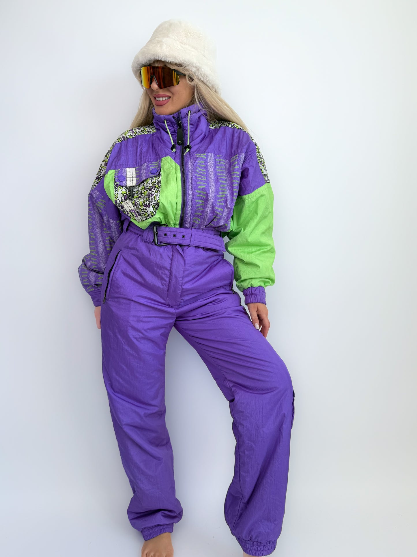 Vintage 90s Neon Ski Suit – Purple Green One Piece Snowsuit Slope Bunny Winter Jumpsuit M