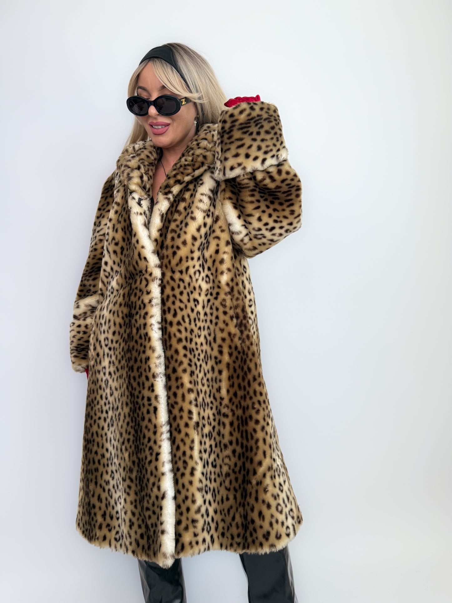 Vintage Leopard Print Faux Fur Coat – 90s Long Winter Jacket Overcoat Size L XL