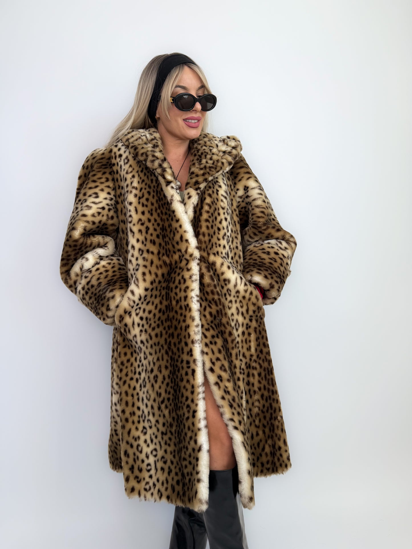 Vintage Leopard Print Faux Fur Coat – 90s Long Winter Jacket Overcoat Size L XL