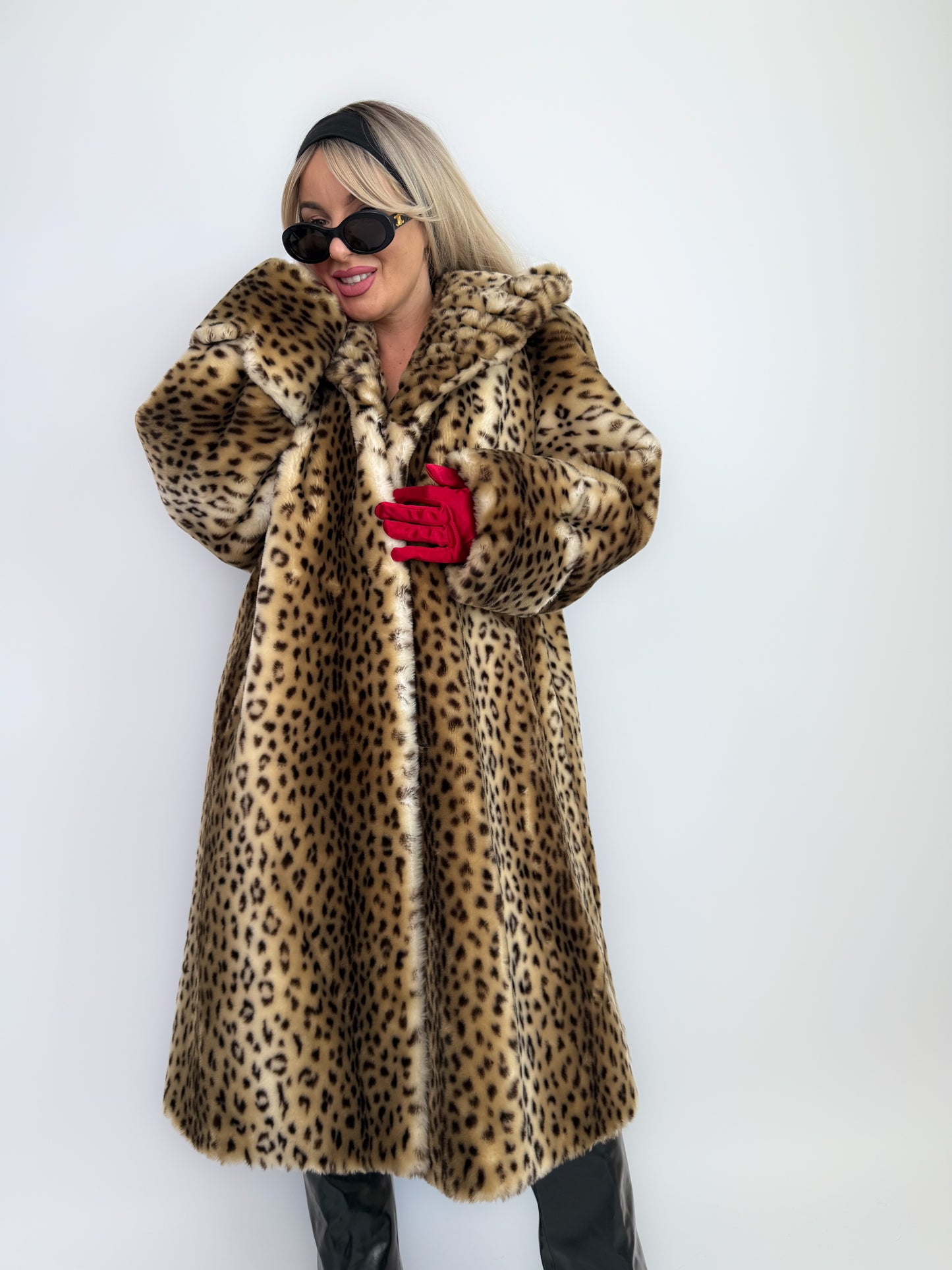 Vintage Leopard Print Faux Fur Coat – 90s Long Winter Jacket Overcoat Size L XL