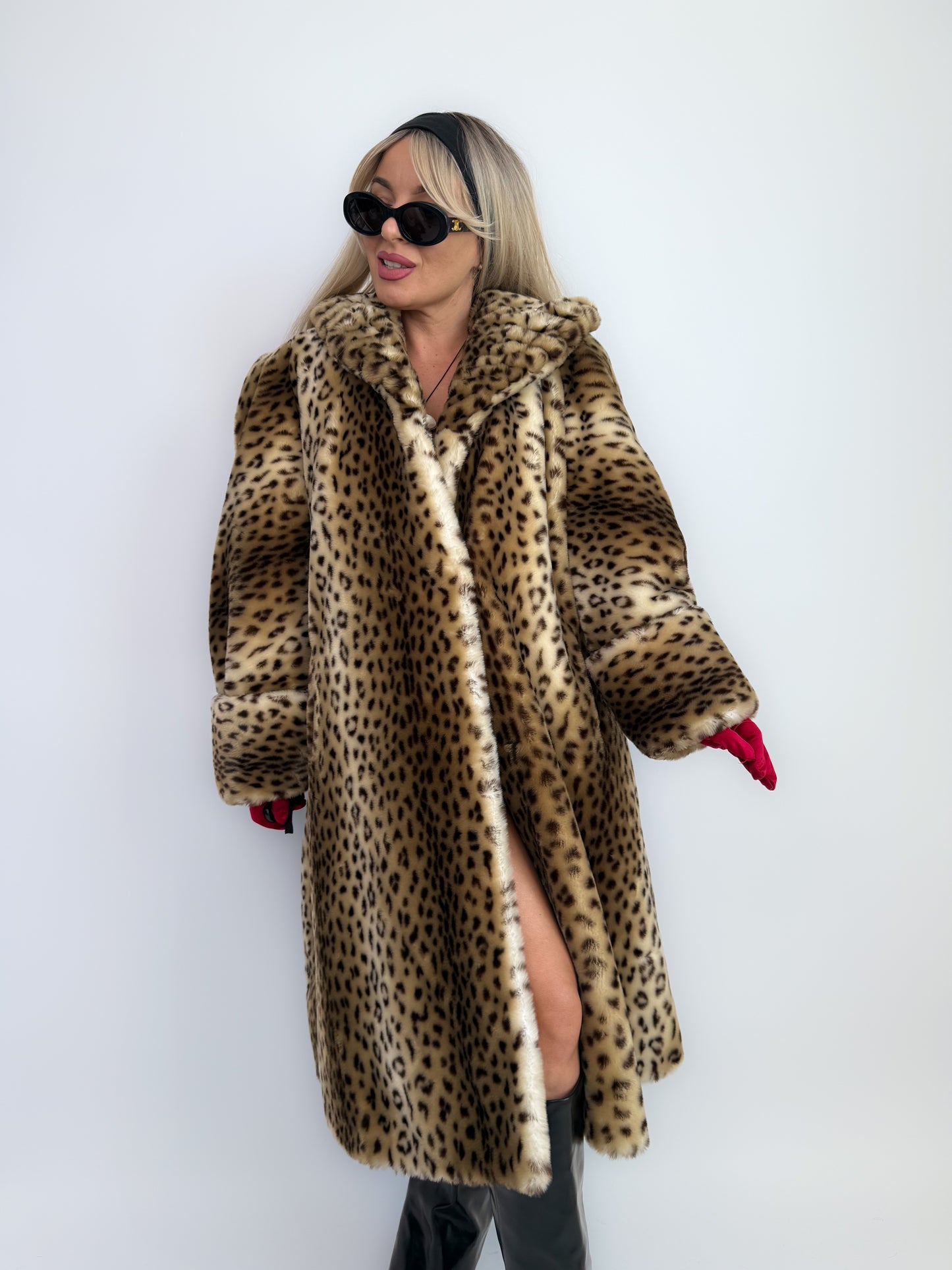Vintage Leopard Print Faux Fur Coat – 90s Long Winter Jacket Overcoat Size L XL