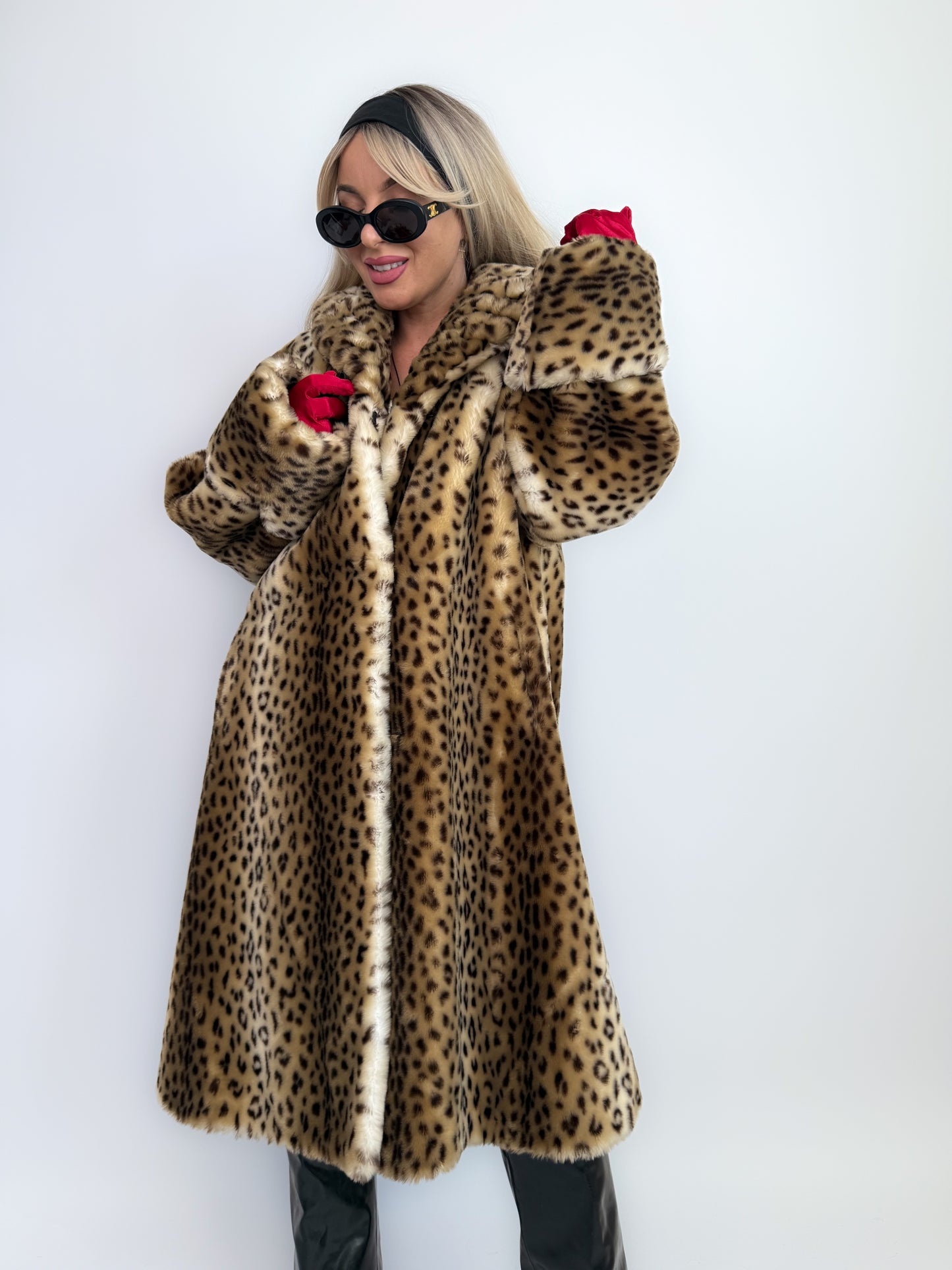 Vintage Leopard Print Faux Fur Coat – 90s Long Winter Jacket Overcoat Size L XL