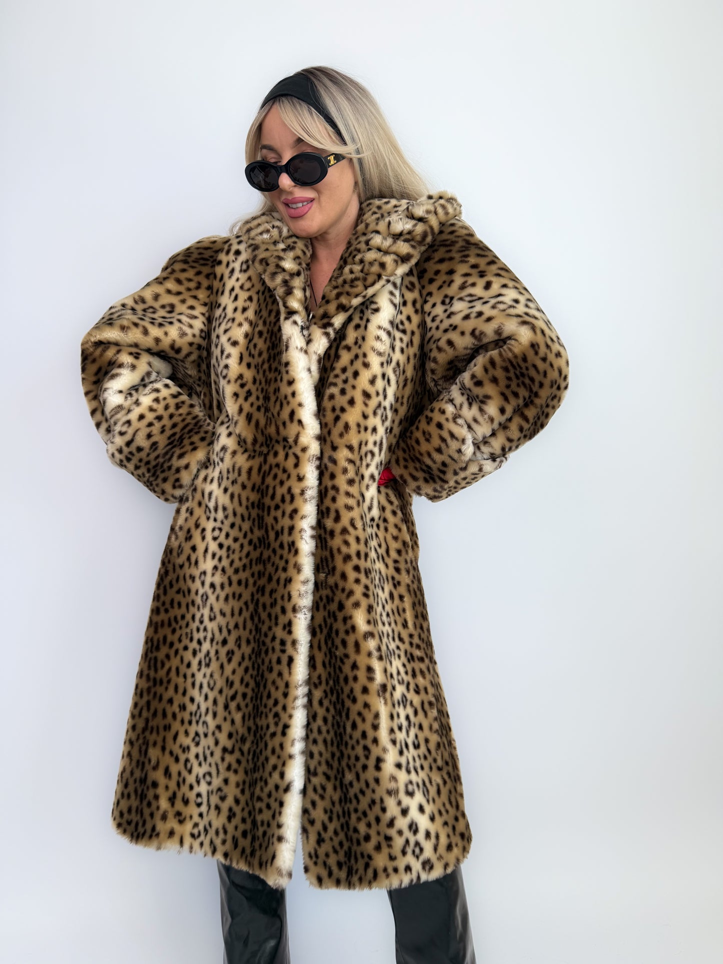 Vintage Leopard Print Faux Fur Coat – 90s Long Winter Jacket Overcoat Size L XL