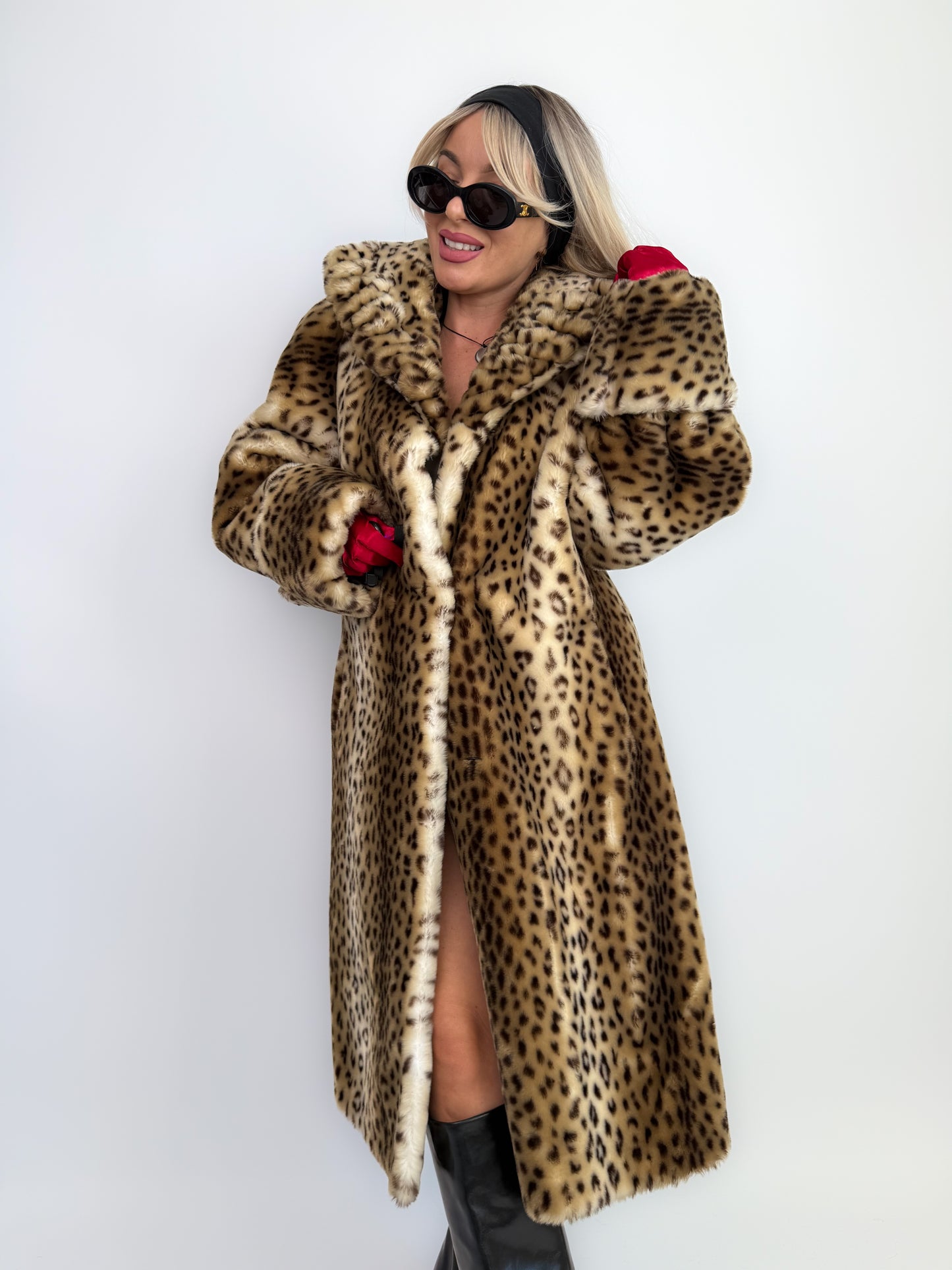 Vintage Leopard Print Faux Fur Coat – 90s Long Winter Jacket Overcoat Size L XL