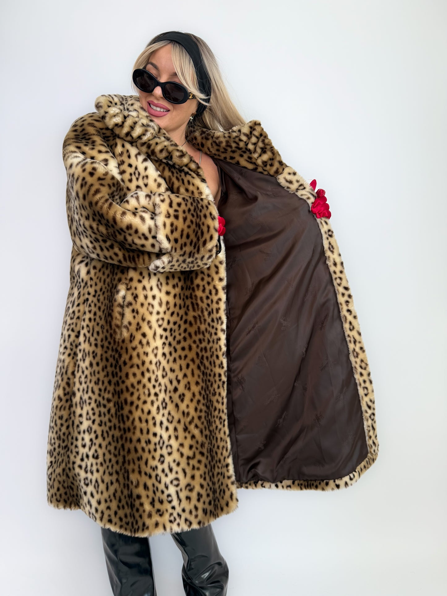 Vintage Leopard Print Faux Fur Coat – 90s Long Winter Jacket Overcoat Size L XL