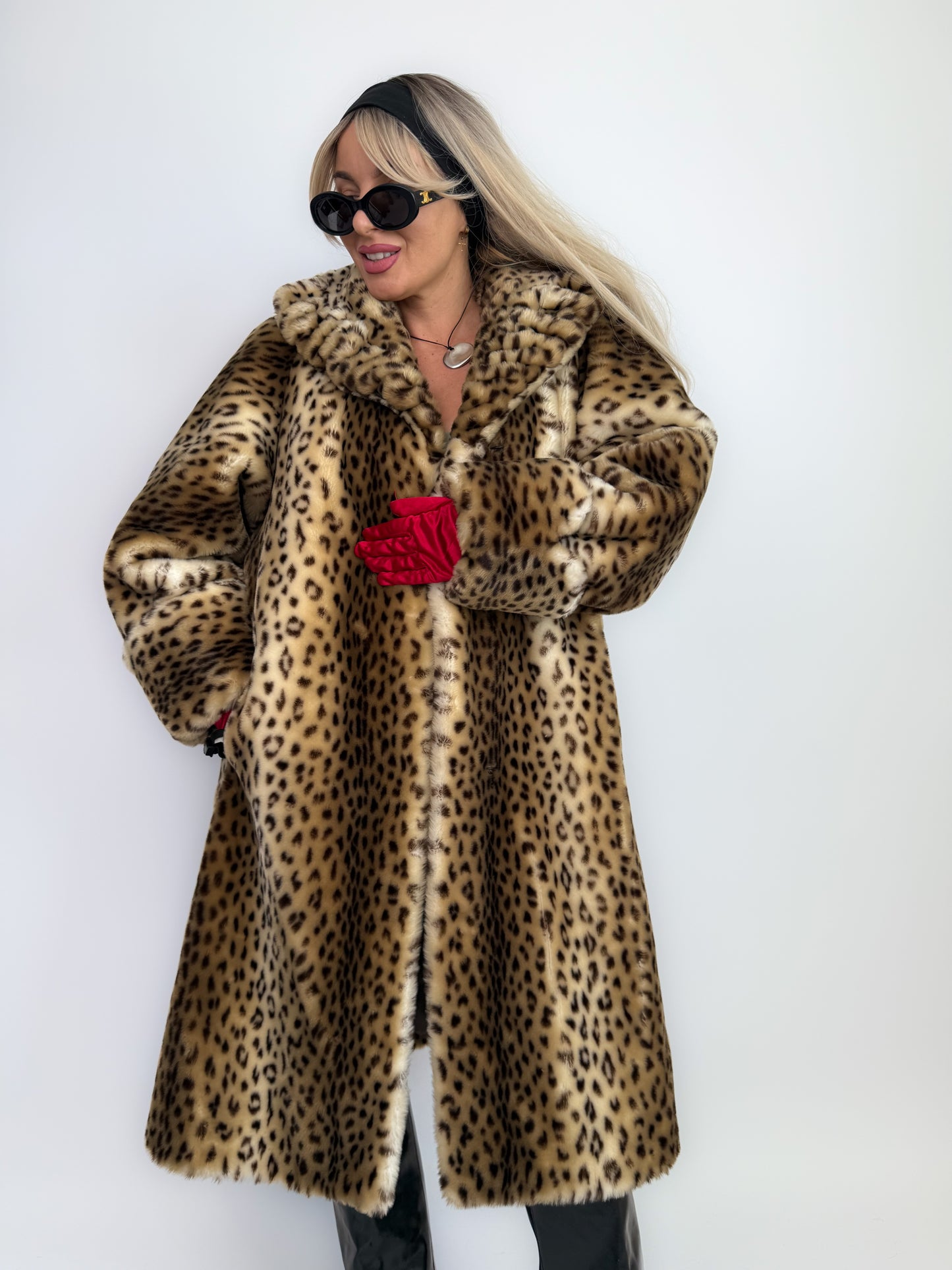 Vintage Leopard Print Faux Fur Coat – 90s Long Winter Jacket Overcoat Size L XL