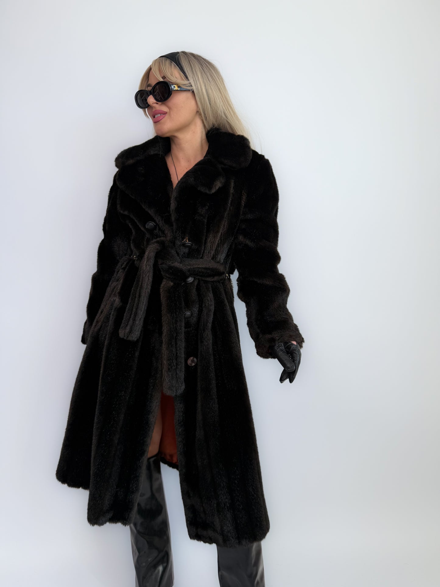 Vintage Faux Fur Coat Mid Length Winter Overcoat with Waist Tie Black - Size Small