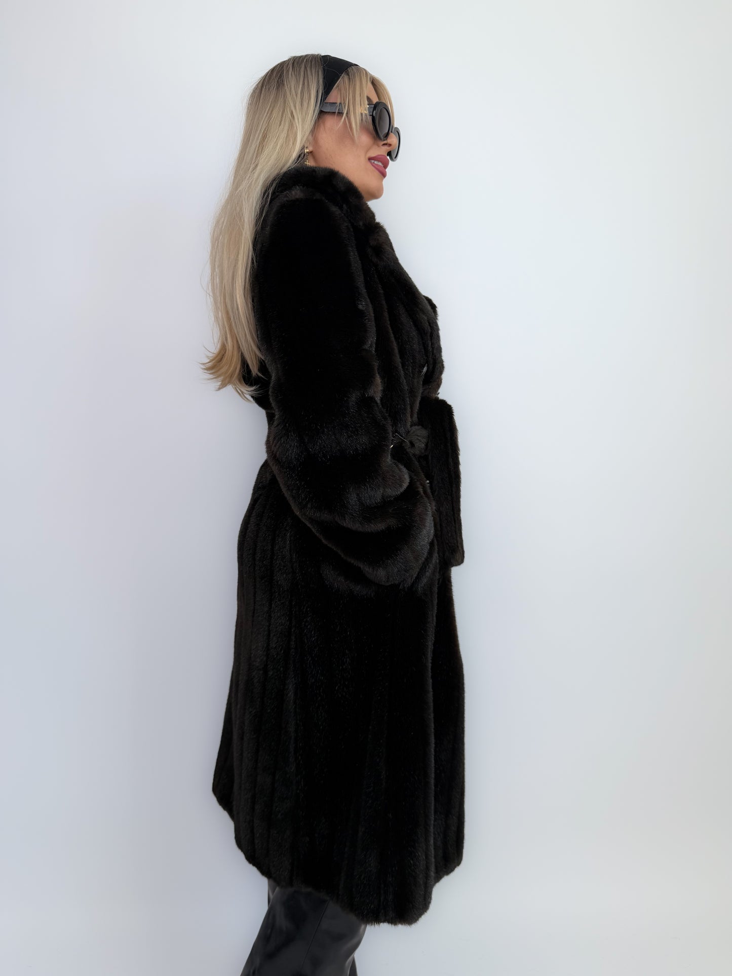 Vintage Faux Fur Coat Mid Length Winter Overcoat with Waist Tie Black - Size Small
