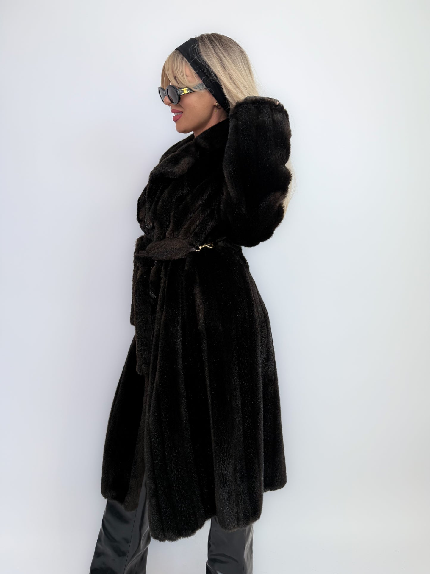 Vintage Faux Fur Coat Mid Length Winter Overcoat with Waist Tie Black - Size Small