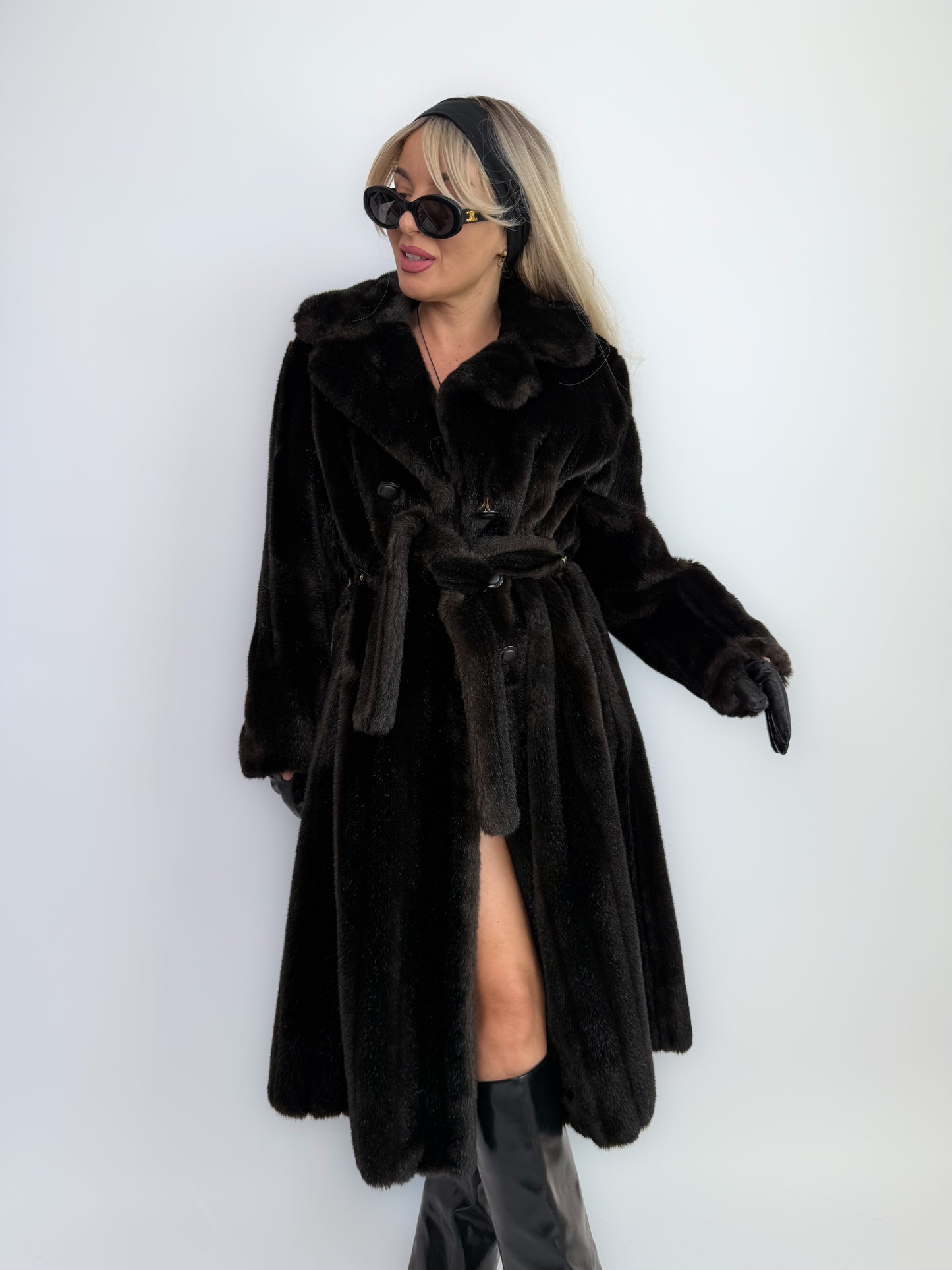 Vintage Faux Fur Coat Mid Length Winter Overcoat with Waist Tie Black - Size Small