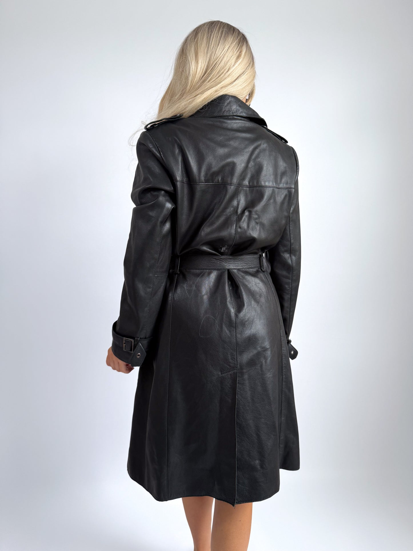 90s Black Leather Trench Coat with Renaissance Angel Lining – Size Small- Medium