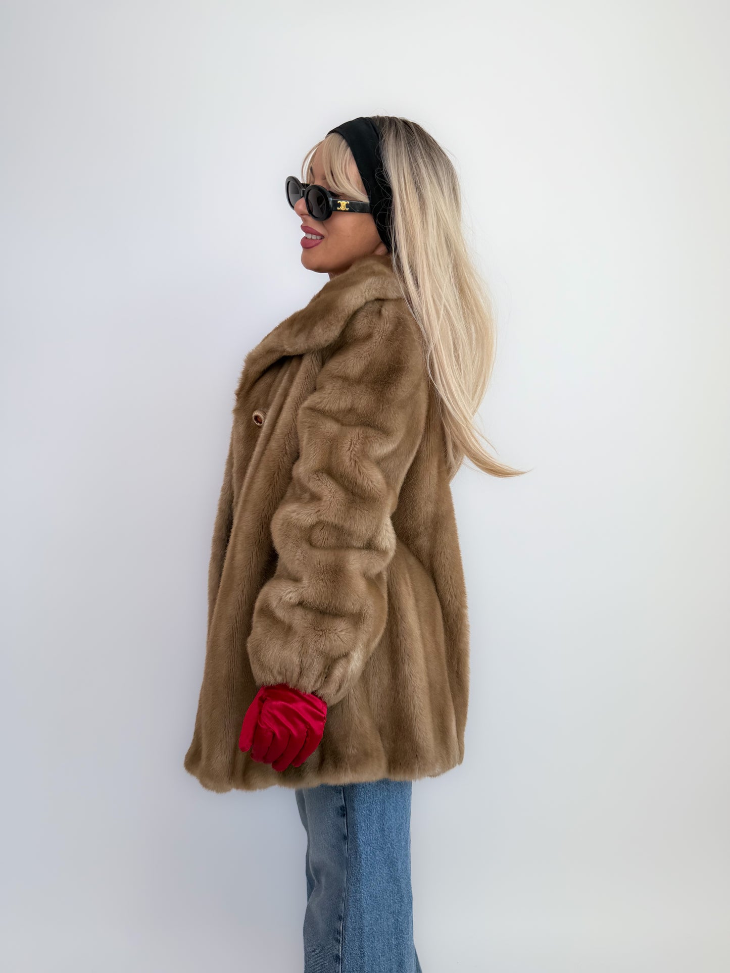 Vintage Tan Faux Fur Coat – 70s 80s Beige Winter Jacket Size L