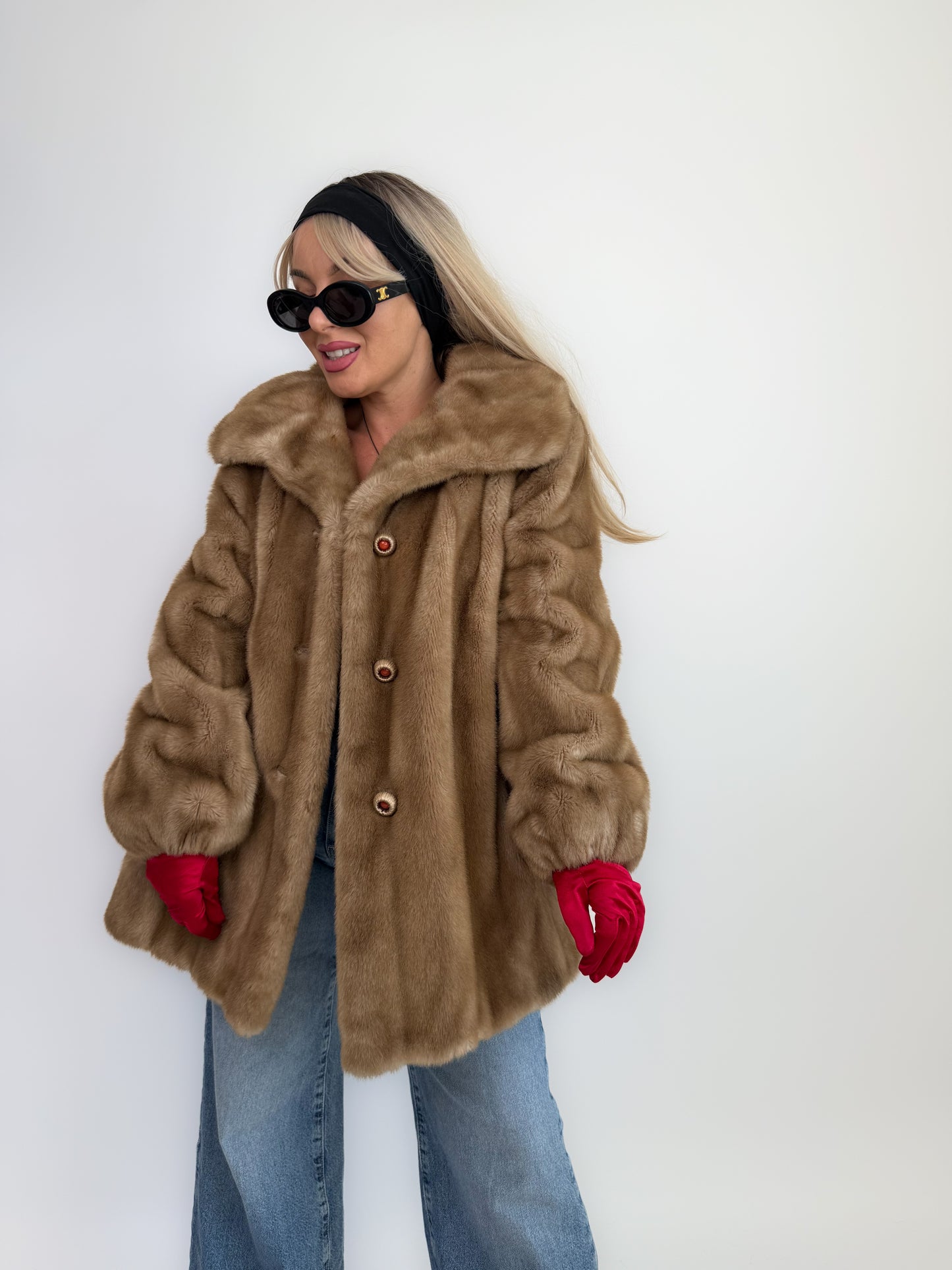 Vintage Tan Faux Fur Coat – 70s 80s Beige Winter Jacket Size L