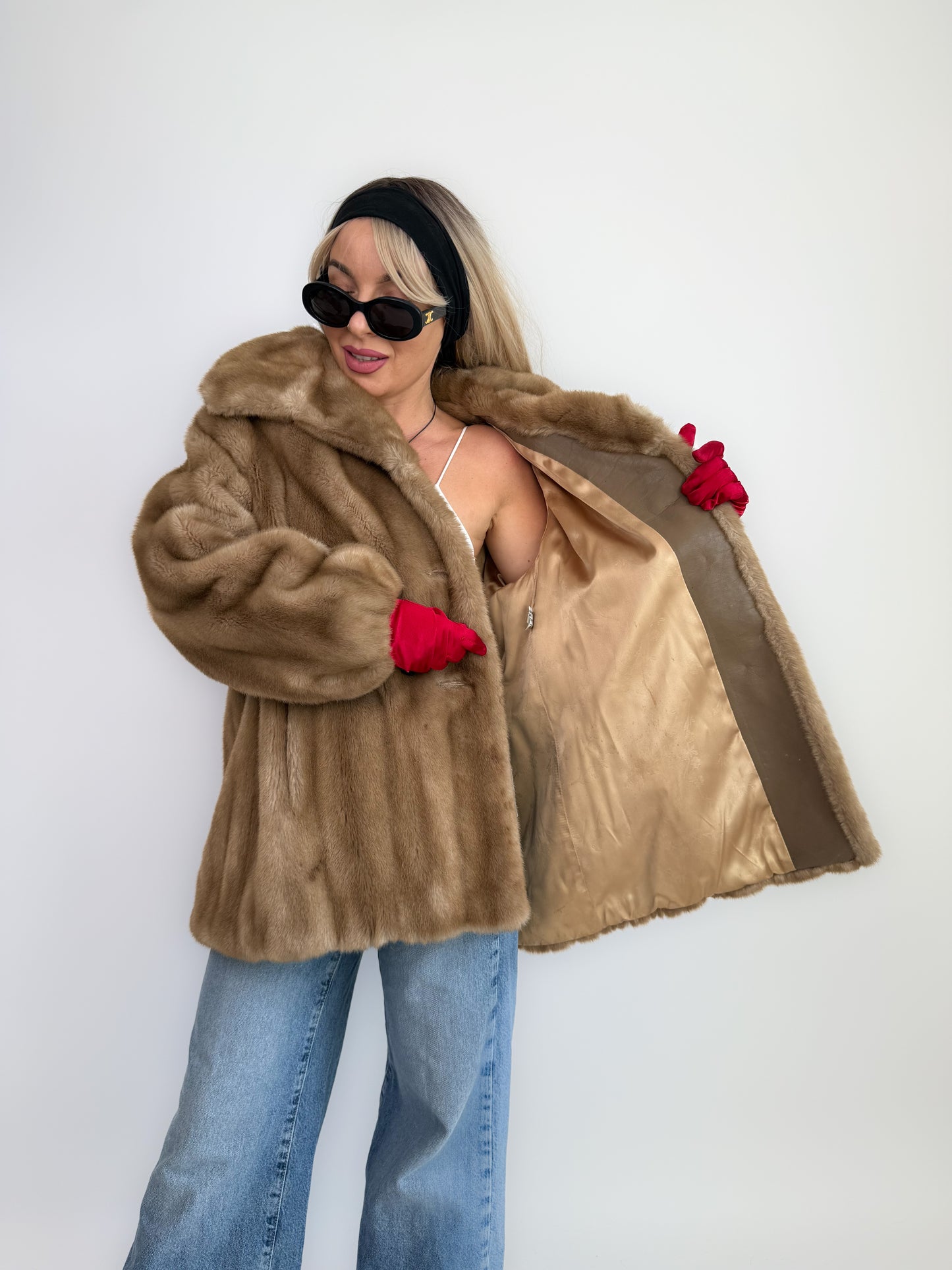 Vintage Tan Faux Fur Coat – 70s 80s Beige Winter Jacket Size L