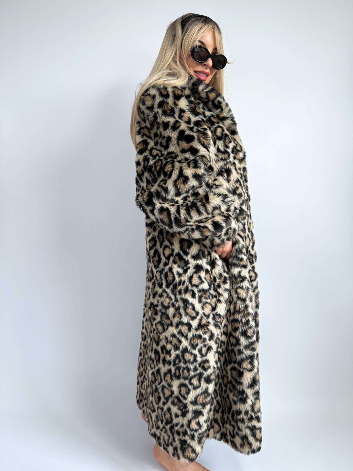 Vintage Leopard Print Faux Fur Maxi Coat - Size L