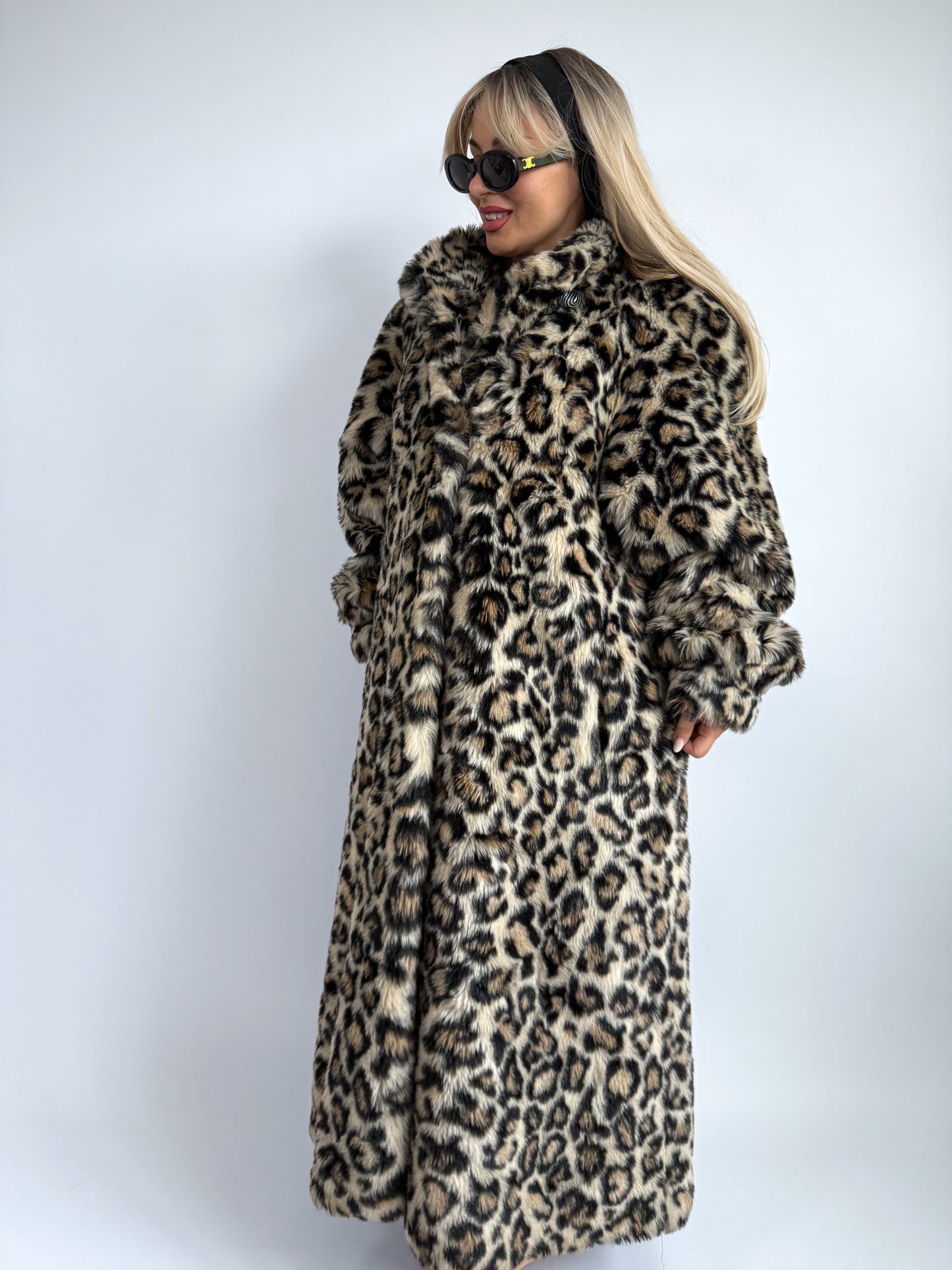Vintage Leopard Print Faux Fur Maxi Coat - Size L