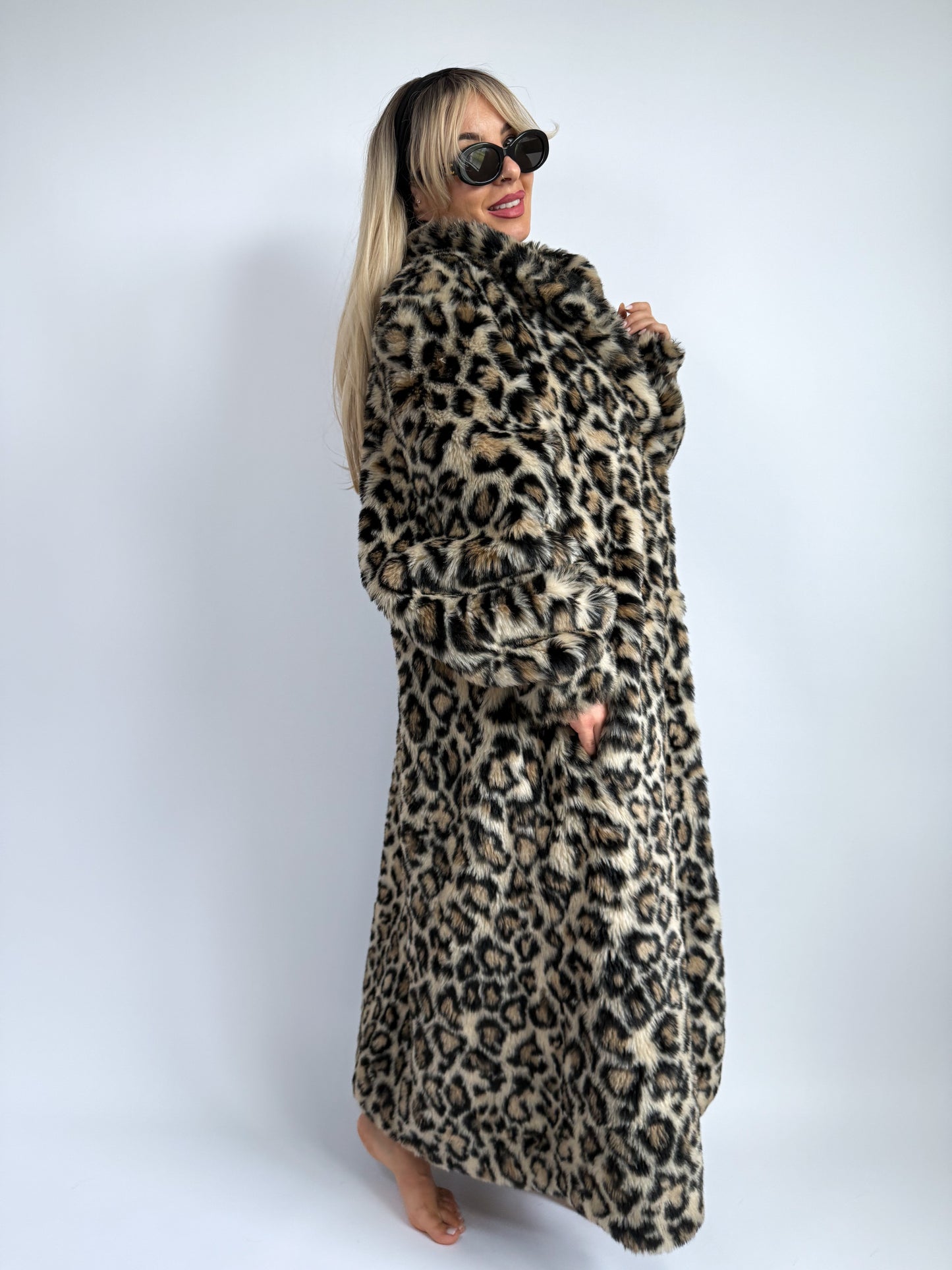 Vintage Leopard Print Faux Fur Maxi Coat - Size L