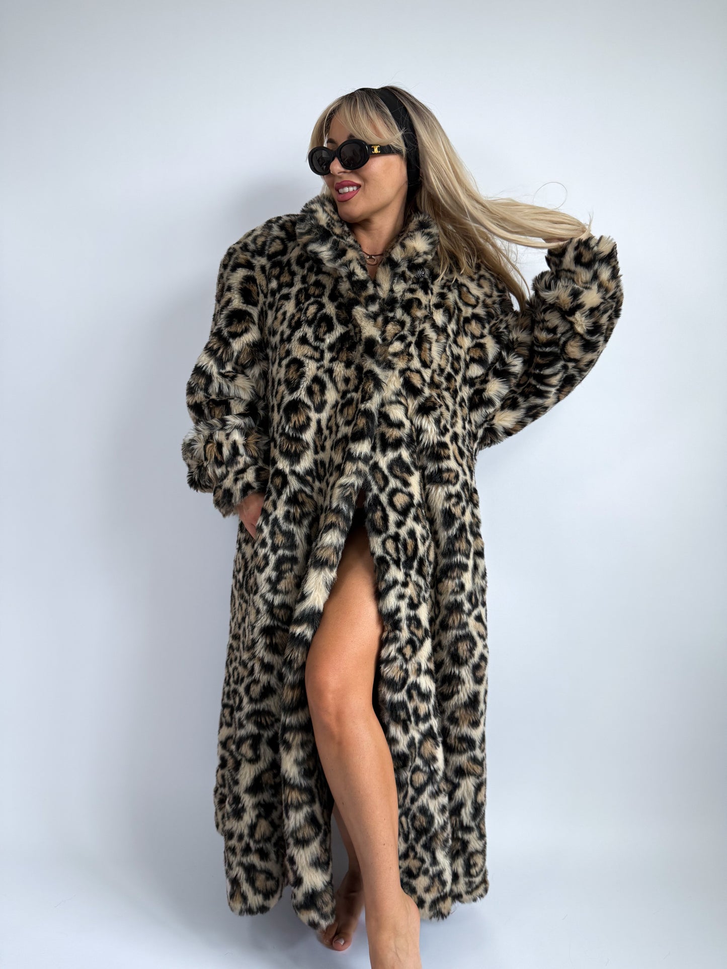 Vintage Leopard Print Faux Fur Maxi Coat - Size L
