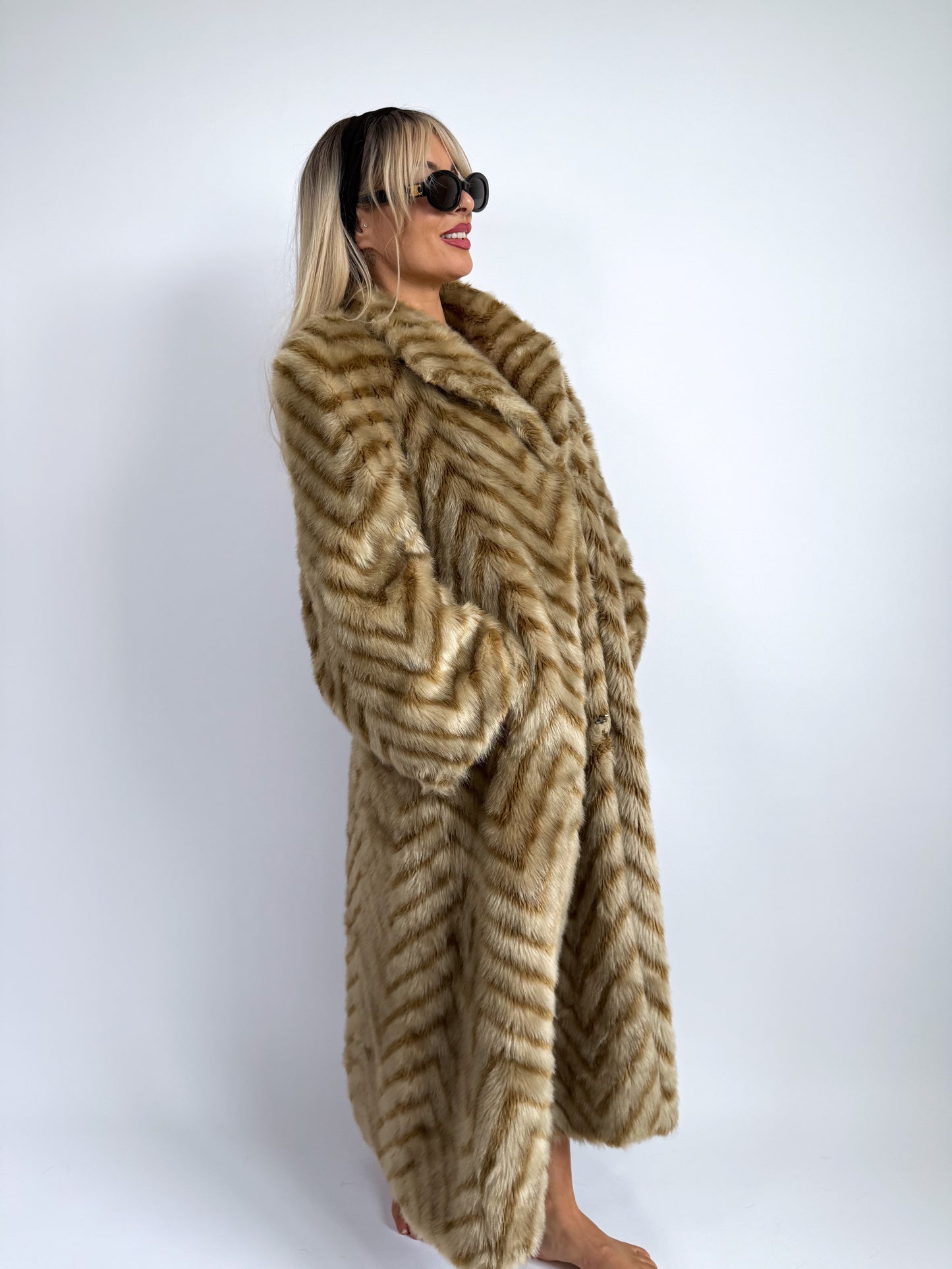 Vintage Chevron Full Length Faux Fur Coat – Blonde Soft Glam | Size L-XL