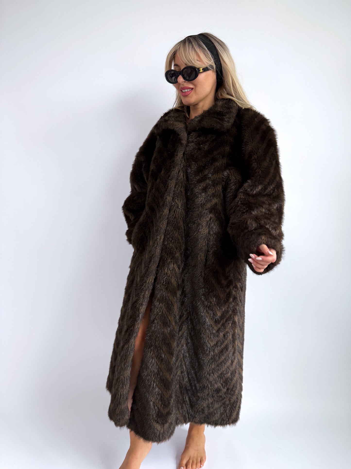 Vintage Brown Chevron Faux Fur Coat – Austrian Classic | Size L
