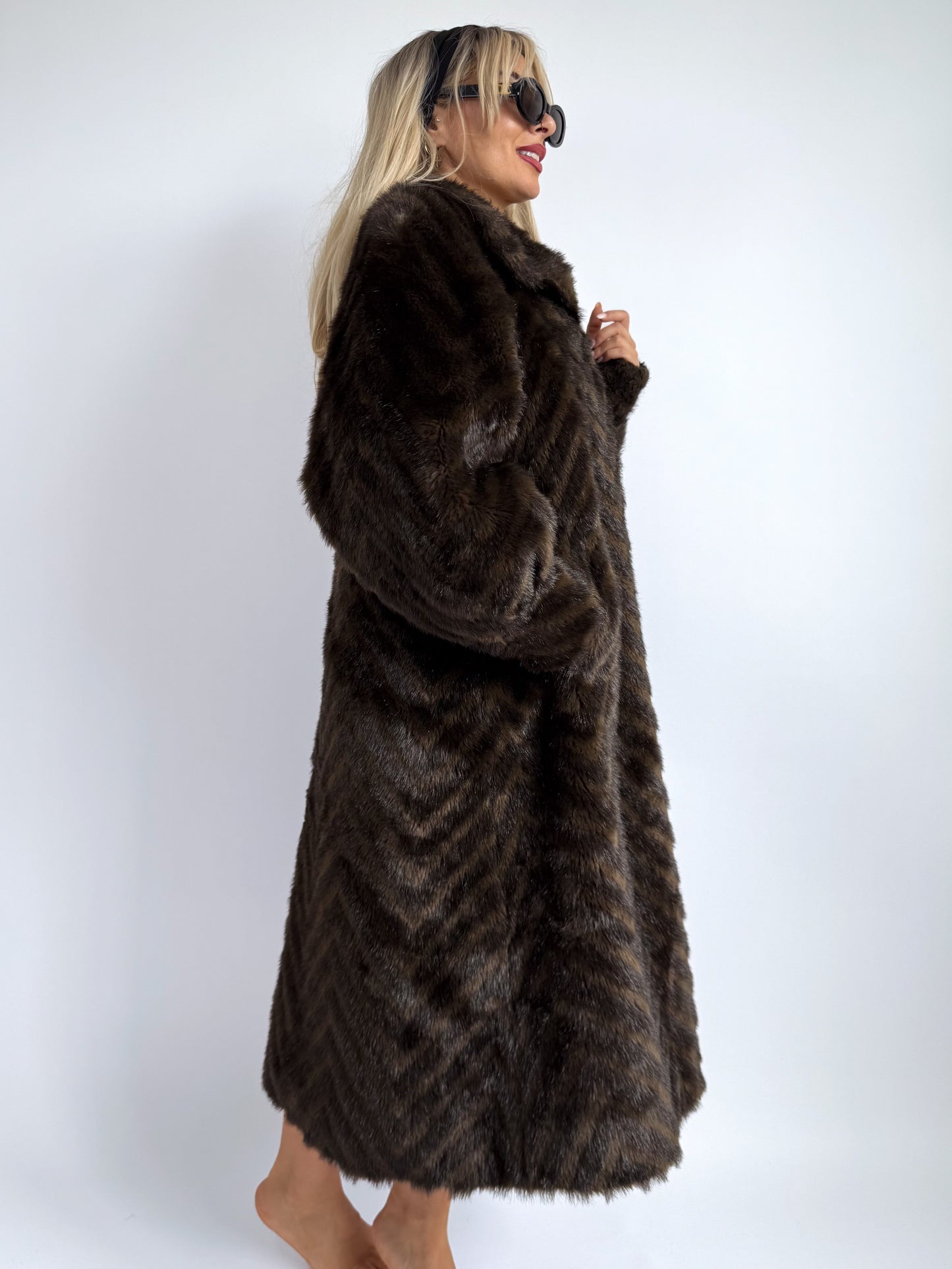 Vintage Brown Chevron Faux Fur Coat – Austrian Classic | Size L