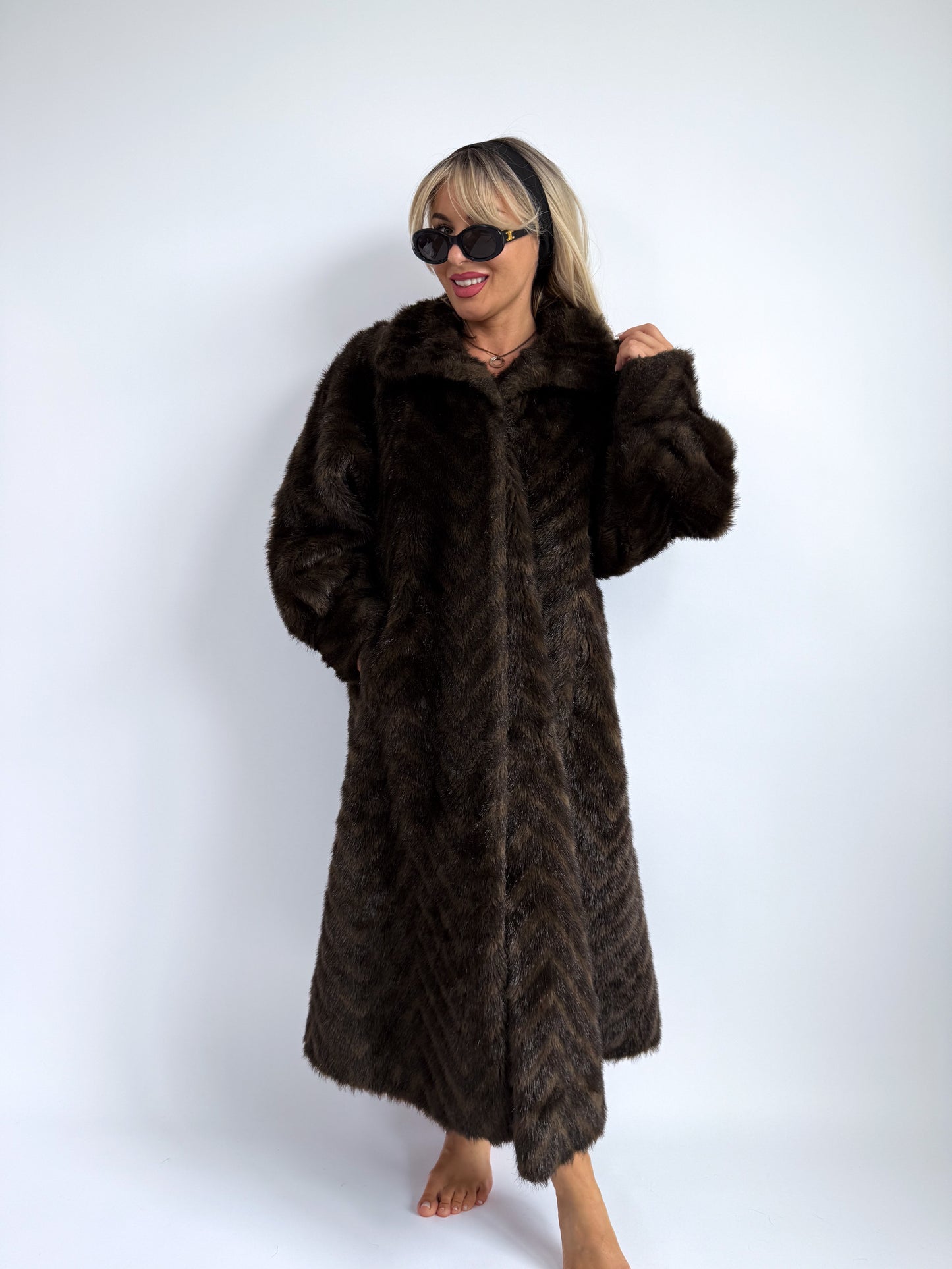 Vintage Brown Chevron Faux Fur Coat – Austrian Classic | Size L