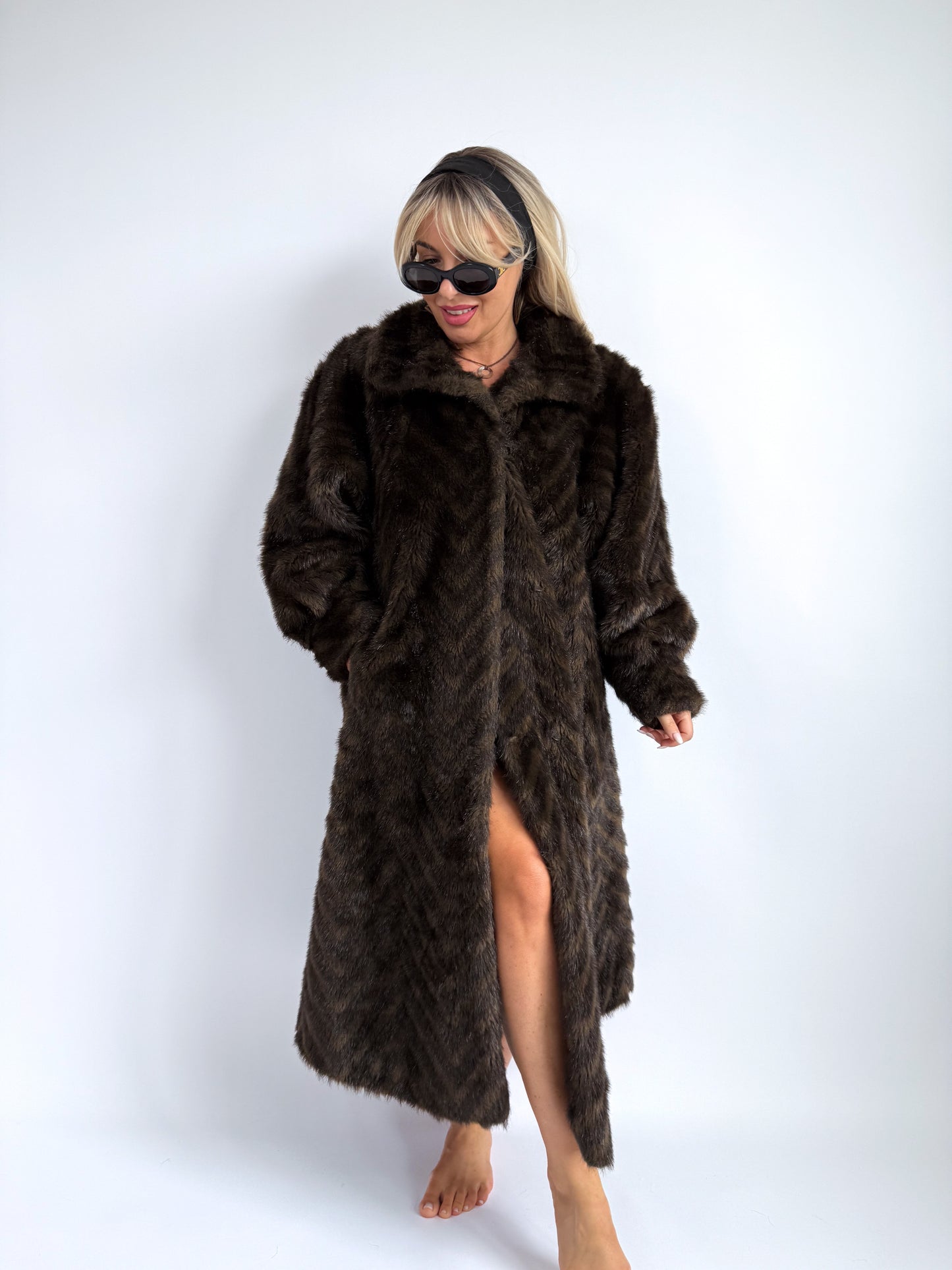 Vintage Brown Chevron Faux Fur Coat – Austrian Classic | Size L