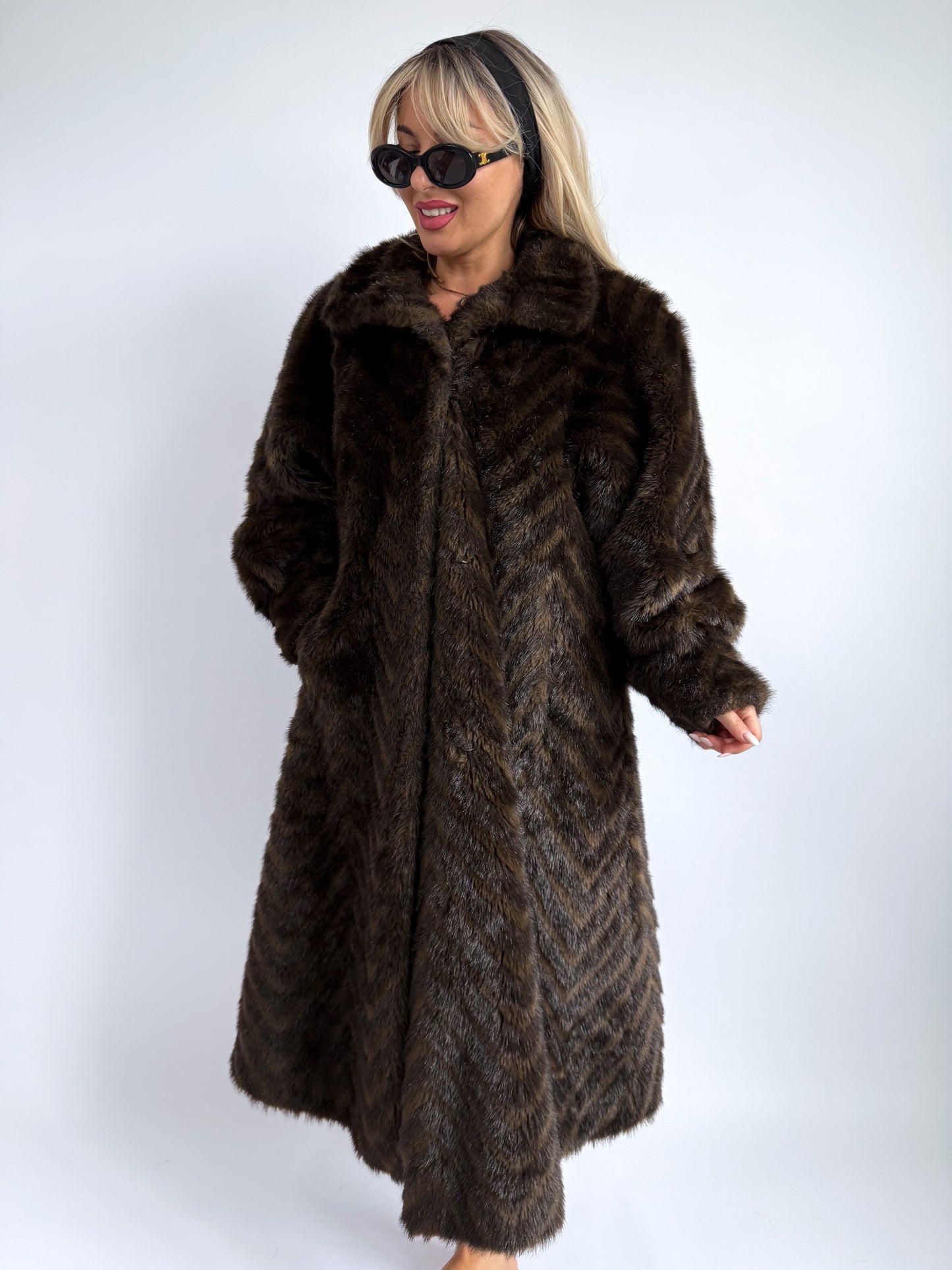 Vintage Brown Chevron Faux Fur Coat – Austrian Classic | Size L