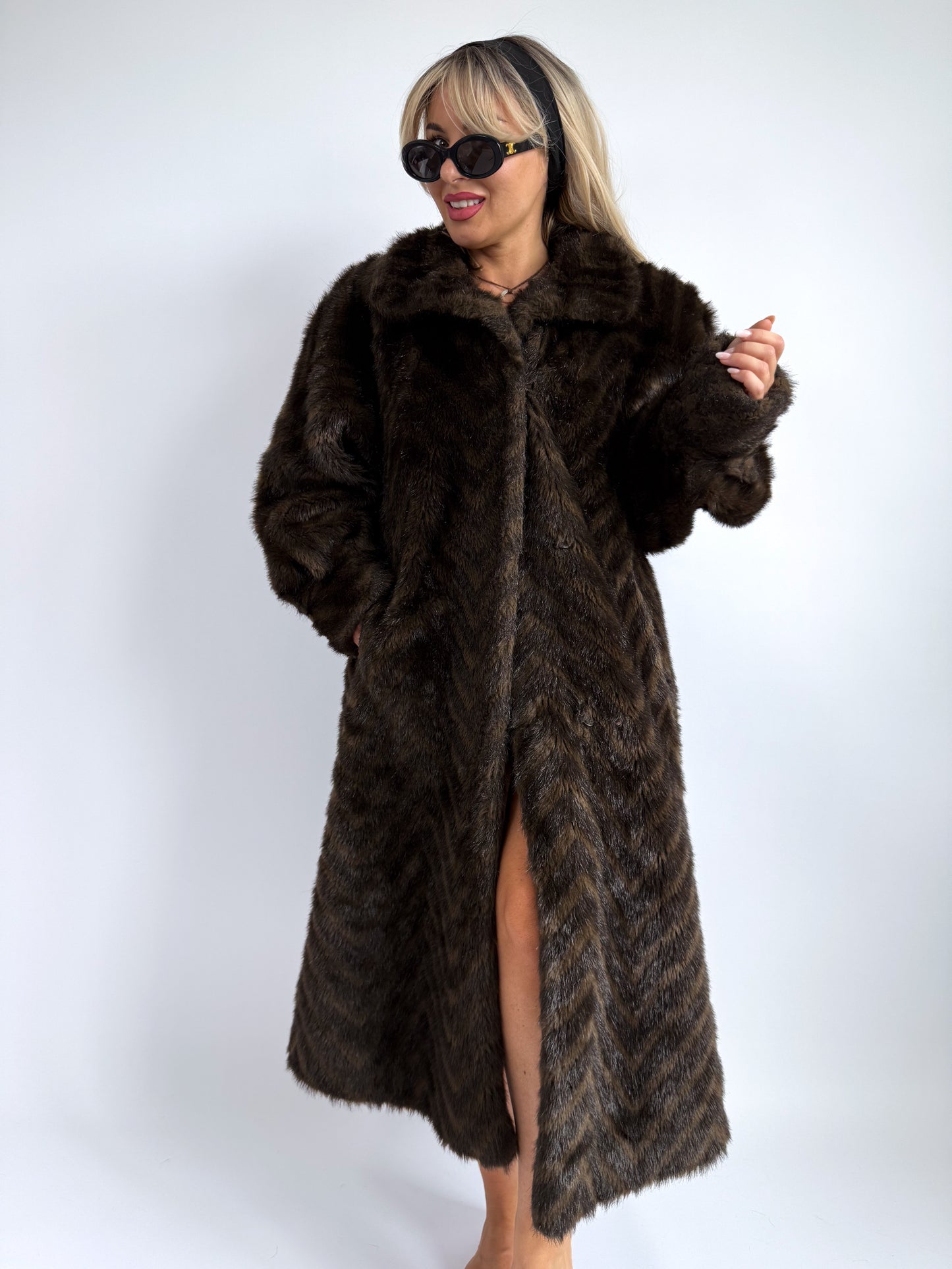 Vintage Brown Chevron Faux Fur Coat – Austrian Classic | Size L