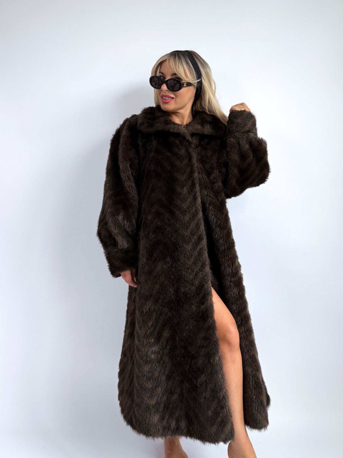Vintage Brown Chevron Faux Fur Coat – Austrian Classic | Size L