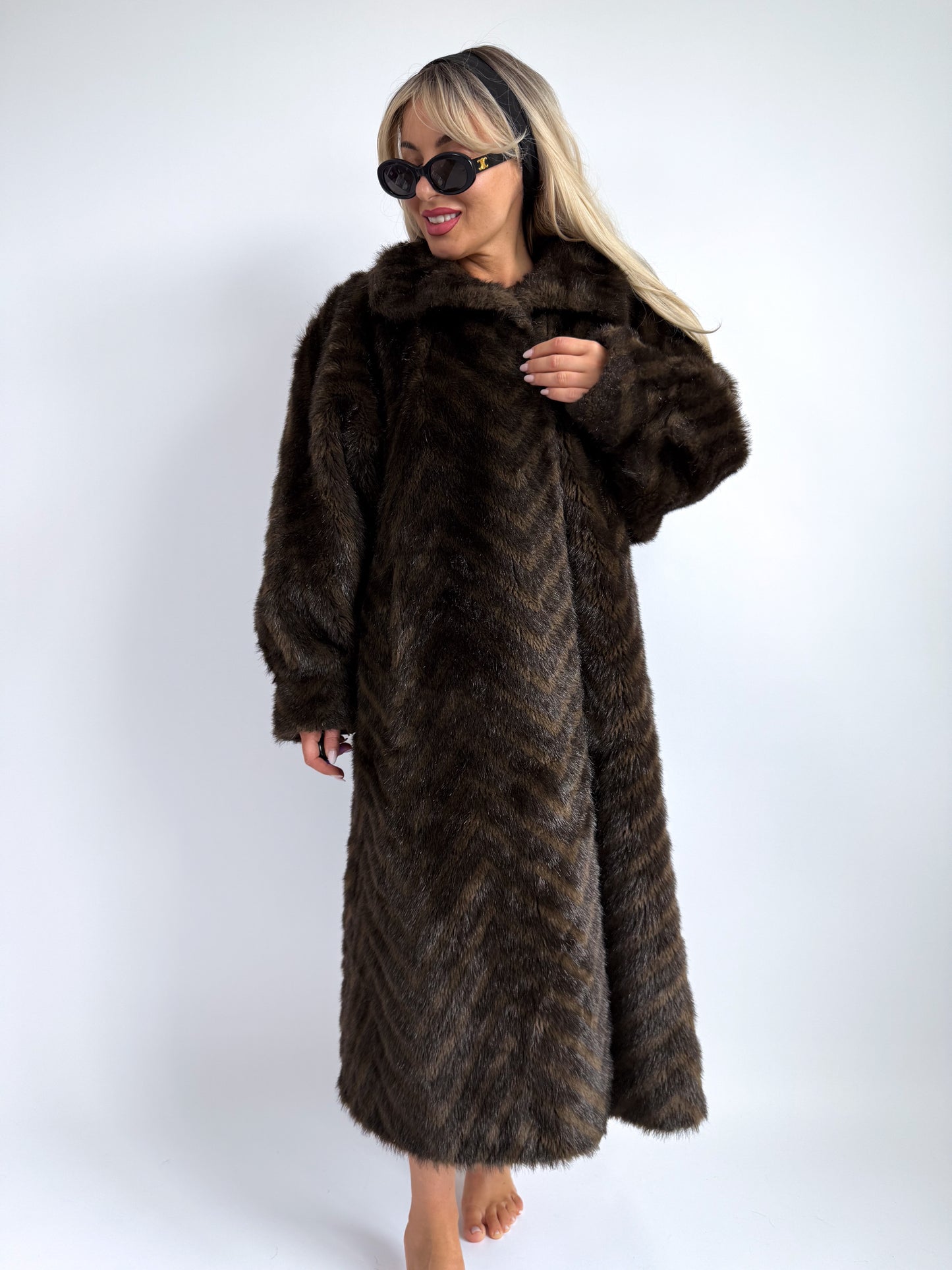 Vintage Brown Chevron Faux Fur Coat – Austrian Classic | Size L