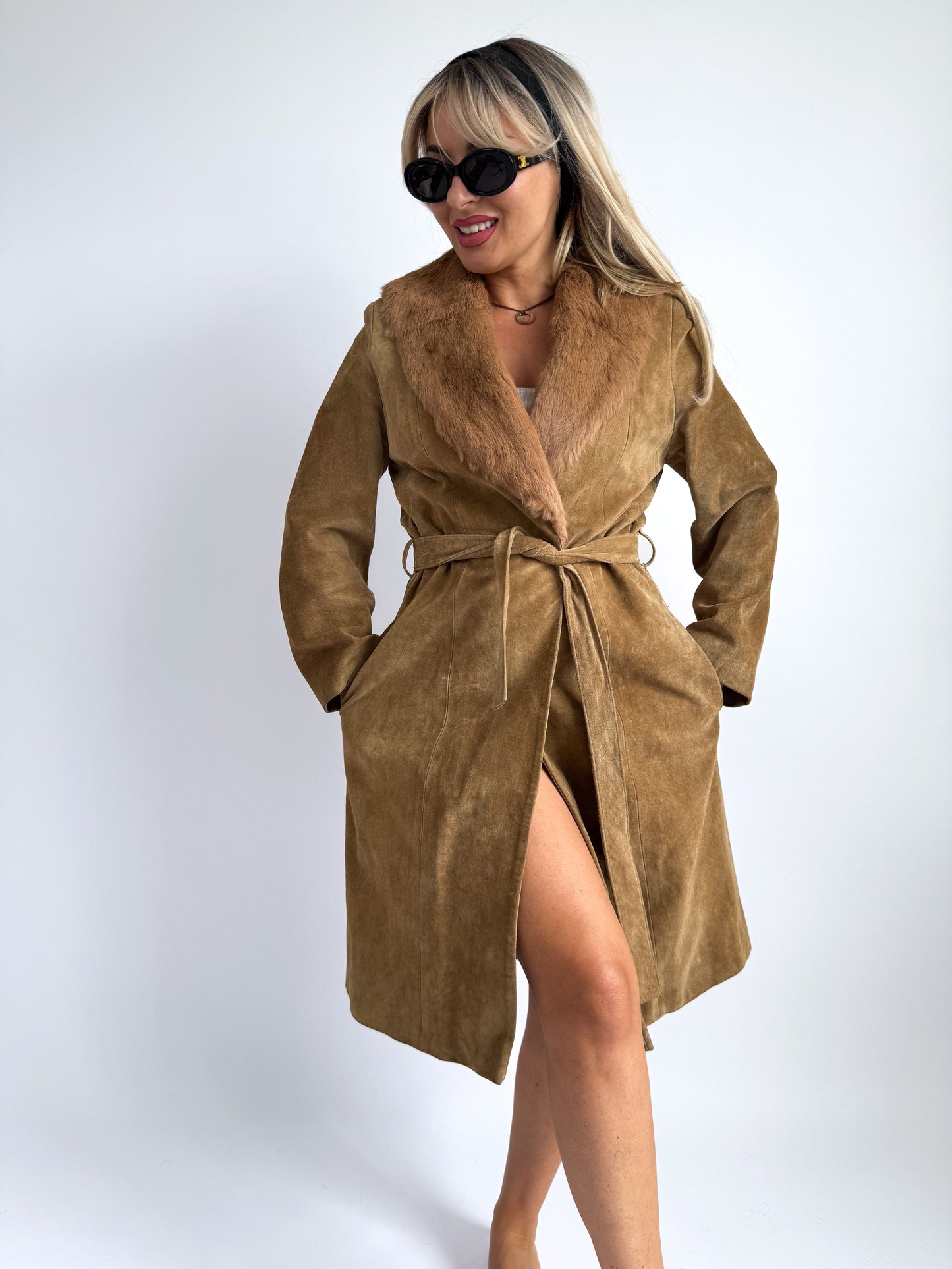 Penny Lane Inspired Suede Coat – Faux Fur Collar, XS/S Fit
